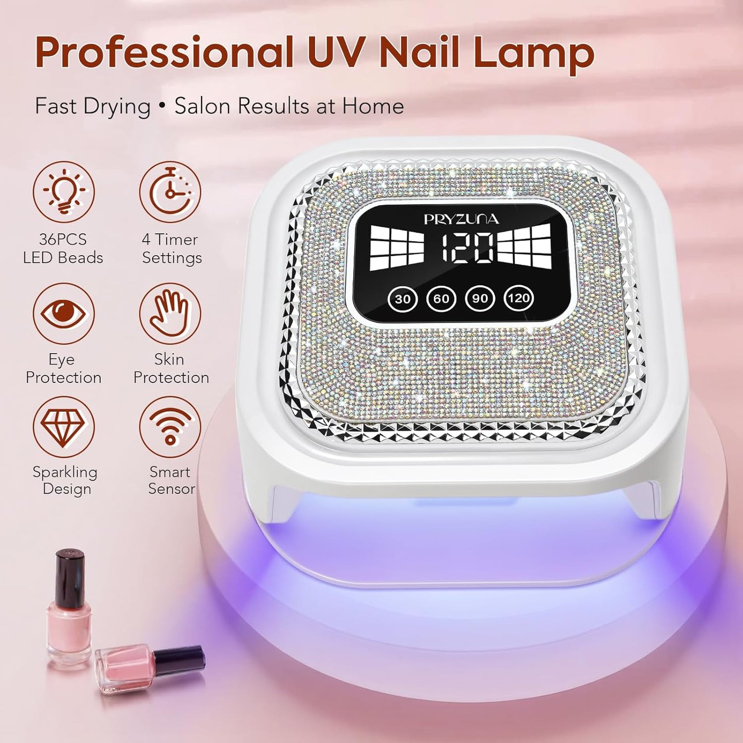 UV LED Nail Lamp for Gel Polish with 36 LED Beads & 4 Timer Settings, UV Light for Gel Nails, Professional Fast Curing Nail Dryer with LCD Touch Display, Auto Sensor (Sparkly Diamond White)