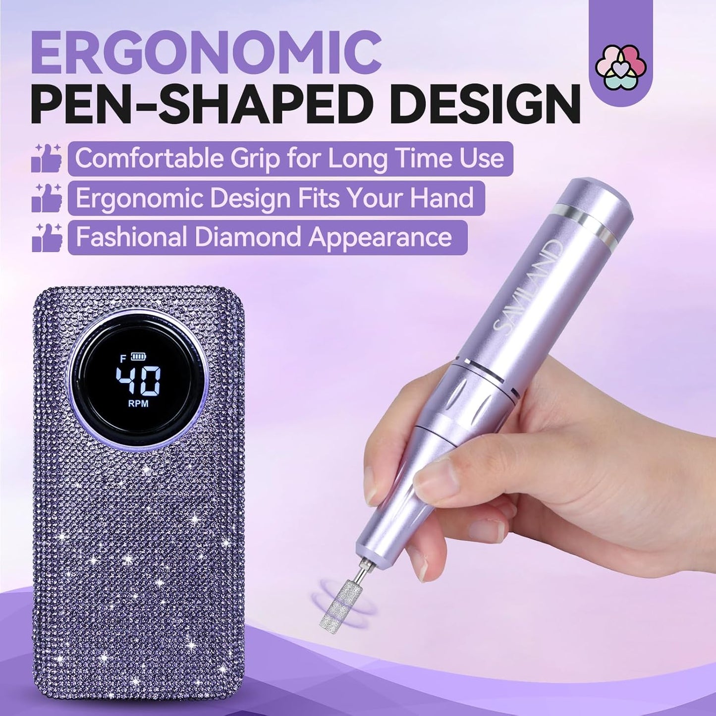 SAVILAND High Speed Nail Drill 40000 RMP: Diamond Shiny Electric Nail File 2600 mAh Rechargeable Nail Drill Kit for Thick Acrylic Nails Removal with Ceramic Drill Bits Sanding Bands Nail Tech Salon