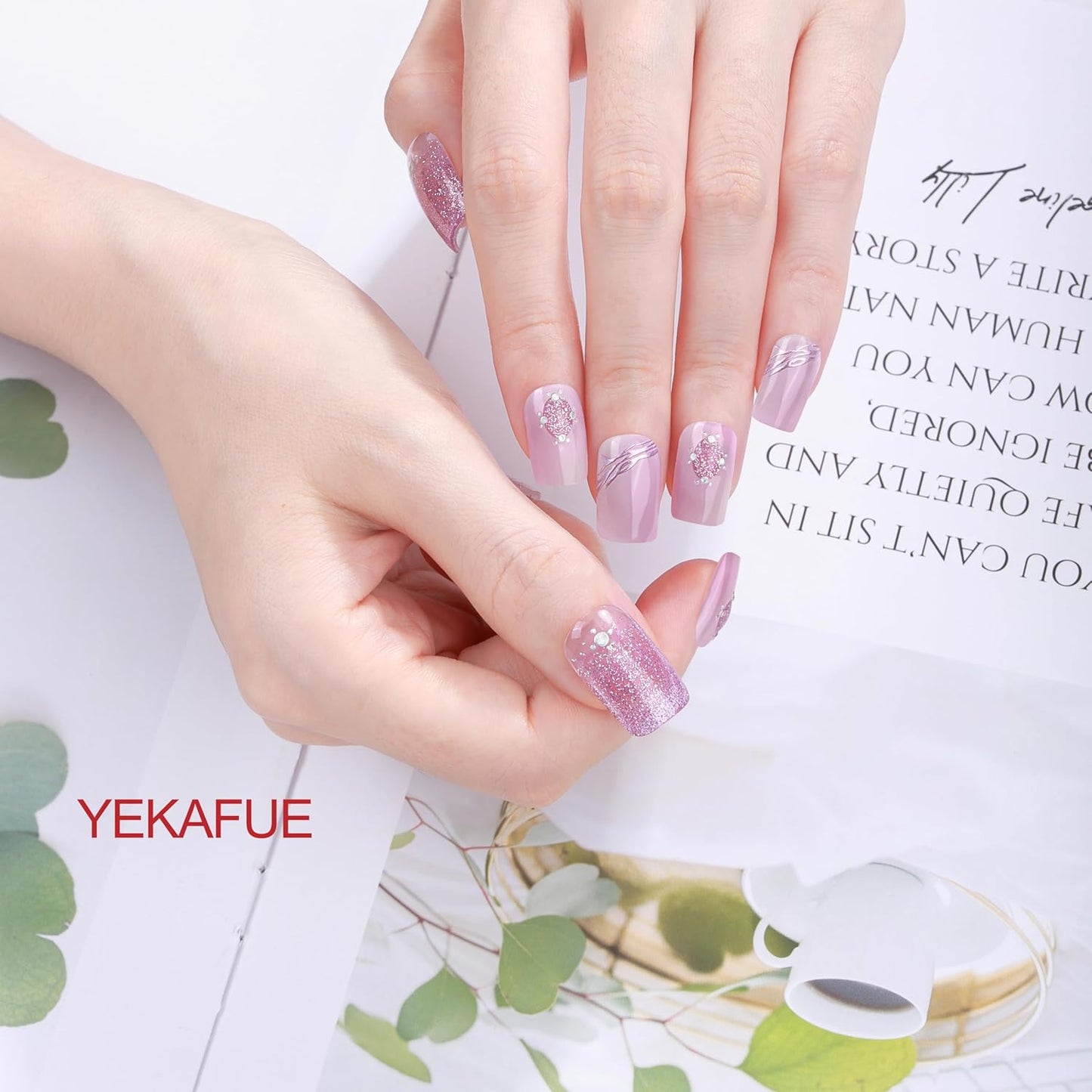 No Lamp Gel Nail Strips 22 Pcs Wraps - Silver Plum Glitter, Easy Apply Gel Nail Stickers Long Lasting, Salon-Quality, 2 Prep Pads, 1 File, 1 Wooden Stick
