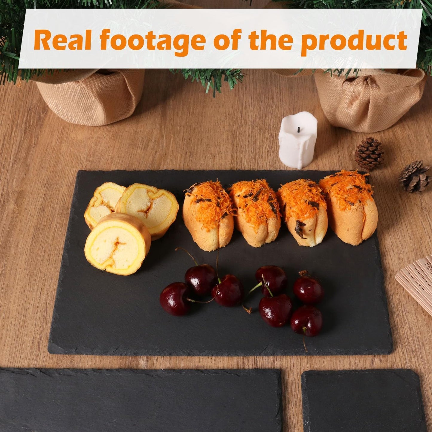 8 Pack 12 x 8 Inch Slate Cheese Boards, Black Rectangle Slate Charcuterie Boards, Natural Charcuterie Stone Plates for Parties, Gifts, and Special Events, Cheese, Sushi, Food.