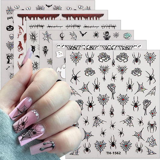 6 Sheets Halloween Bat Spiders Nail Art Stickers Black White Ghost Nail Decals Pumpkin Spider Web Skull Design Goth Nails Sticker Halloween Nails Decoration for Women DIY Holiday Manicure Supplies