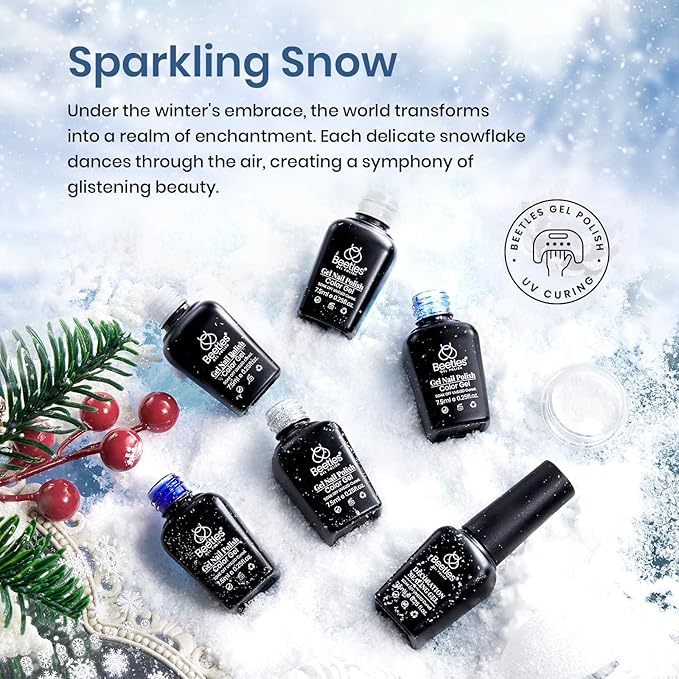 Beetles Gel Polish Winter Christmas Gel Nail Polish Set 5 Colors Dark Blue Glitter White Light Blue Silver Gel Polish Kit with Nail Sticker Soak off UV LED DIY Gifts for Women Sparkling Snow