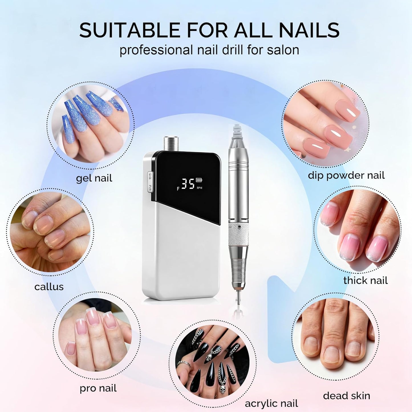Electric Nail Drill Machine,Rechargeable 35000 RPM Nail Drill Portable E-File ,Nail FileTool for Women,Electric Acrylic Nail Tools ,Polishing,Nail Removing