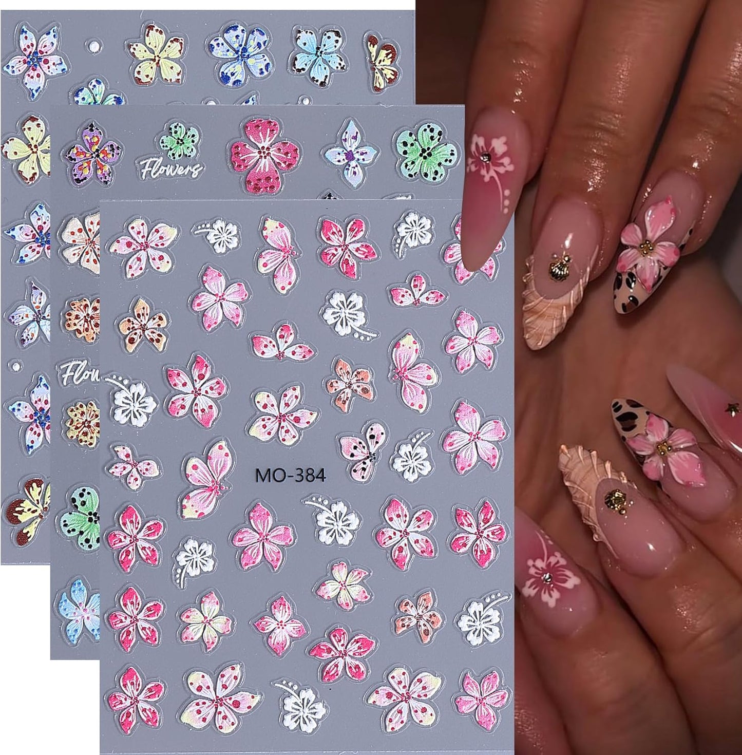 5D Flower Nail Stickers Decals 8PCS Hawaii Hibiscus Nails Art Designs Self Adhesive Embossed Tropical Floral Petals Charms Vacation Stickers Decoration for Women Nail Supplies