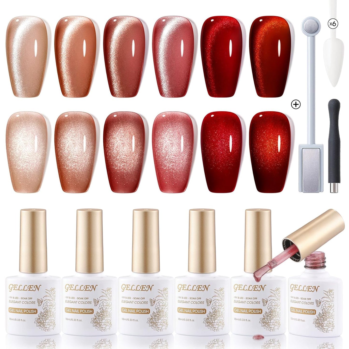 Gellen Glitter Cat Eye Gel Nail Polish Set 6 Colors Red Burgundy Gel Nail Polish with Magnet UV LED Soak Off Sparkle Nail Polish Kit Magnetic Gel Polish Set for DIY Nail Art Women Valentine’s Day Gift