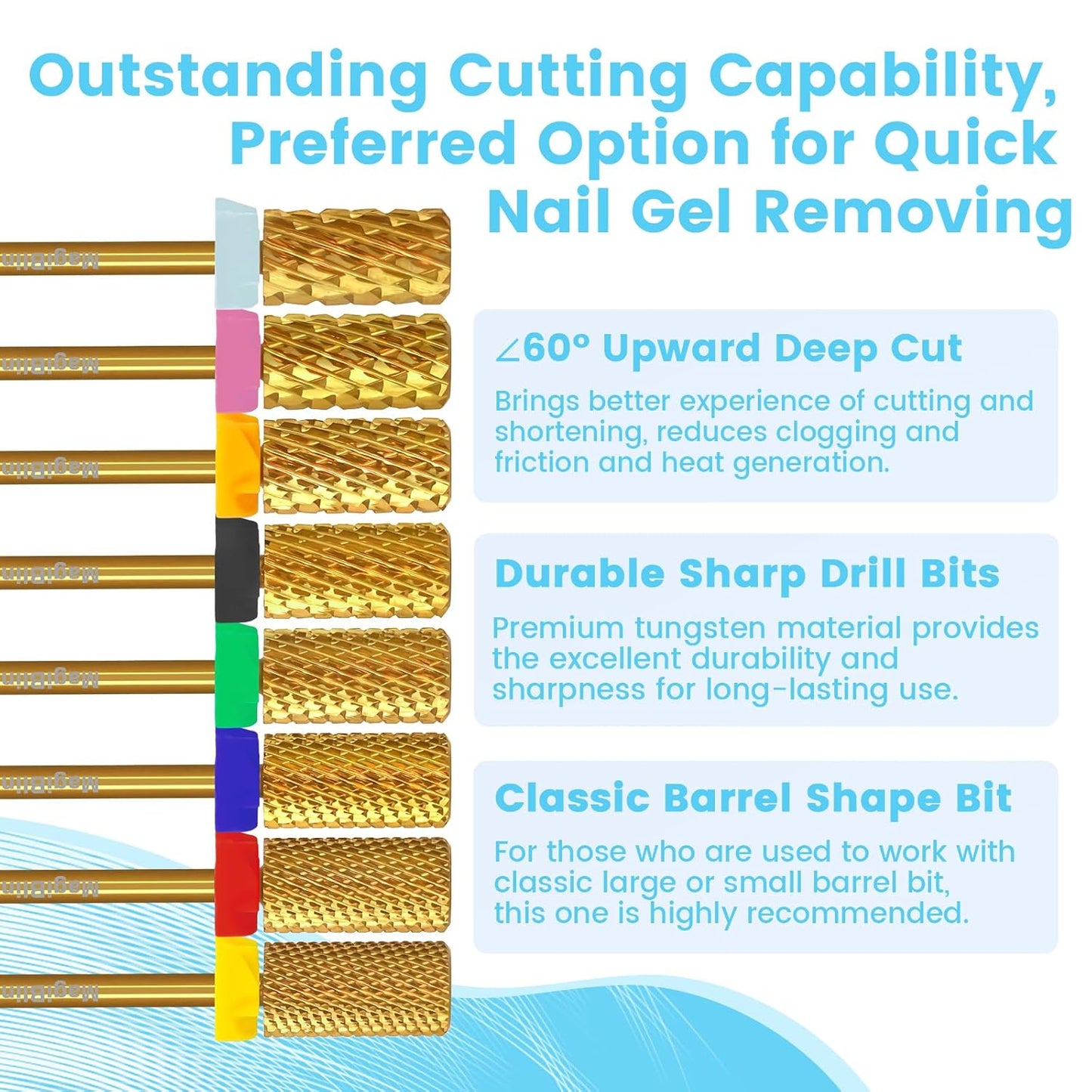 Super Cut Large Barrel Nail Drill Bits, 3/32'' Professional Tungsten Carbide Bits, Remove Hard and Soft Gel Fast, Right Hand Use, Manicure Pedicure Cuticle Gel Polishing, Gold Color, Triple Coarse.