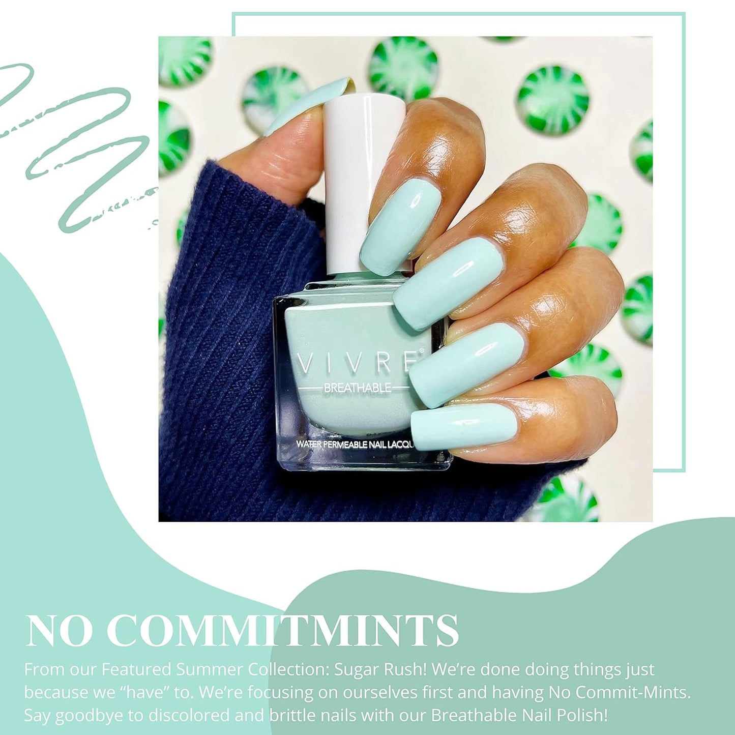 VIVRE Cosmetics Nail Polish - Quick Dry, Shiny, Halal, Vegan, Non-Toxic, Long Lasting, Certified Breathable and Water Permeable - No Commit-Mints