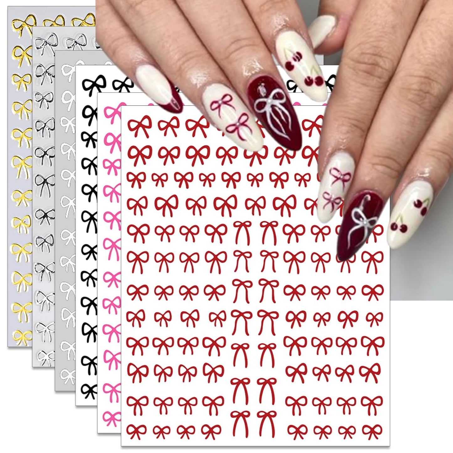 Bow Nail Art Stickers - Colorful Mini Bow Self-Adhesive Nail Decals for DIY Valentines Day Manicure (6 Sheets)