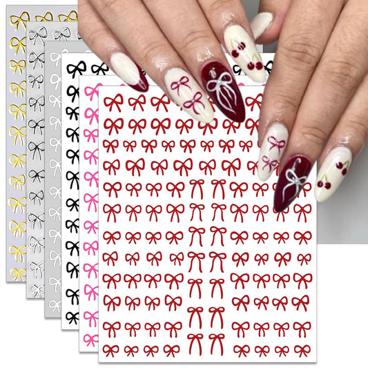 Bow Nail Art Stickers - Colorful Mini Bow Self-Adhesive Nail Decals for DIY Valentines Day Manicure (6 Sheets)