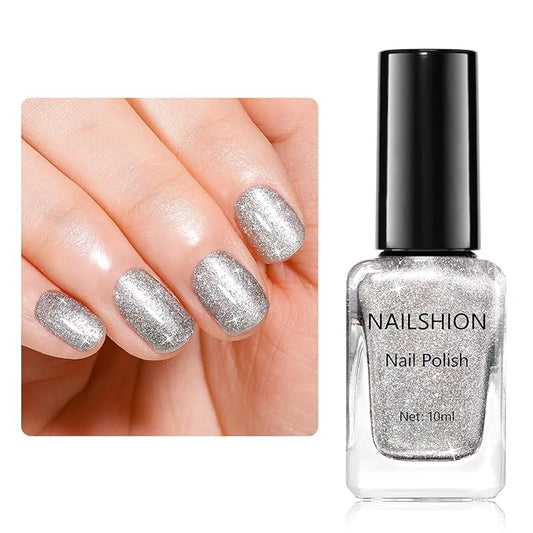 Silver Sparkle Nail Polish Oil-Based Glitter Rainbow Sparkly Regular Nail Polish Fast Air Dry Nail Lacquer Vegan Toe Fingernail Polish Nails Art DIY Home Travel Manicure Gift for Girls Women