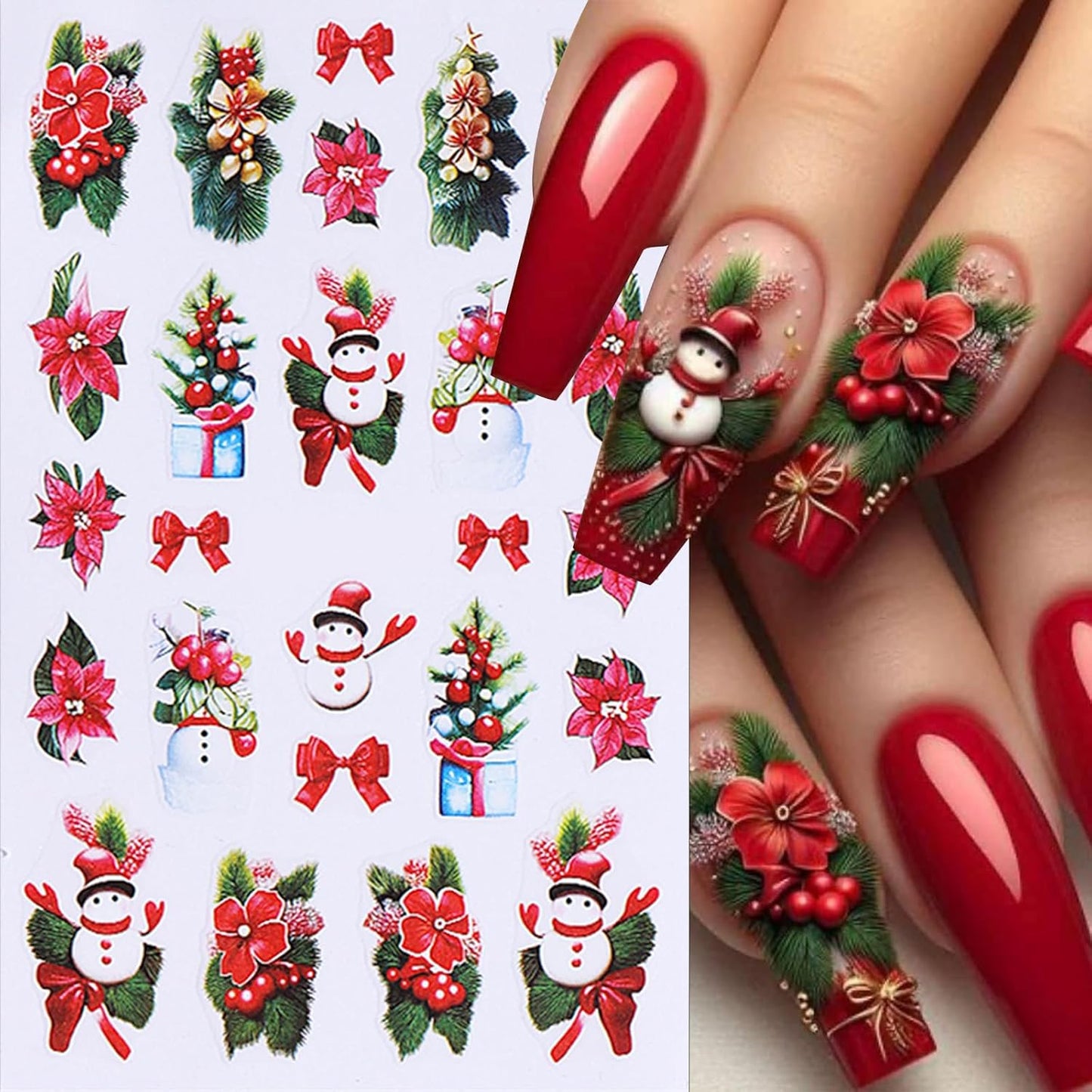 Christmas Nail Art Stickers 3D Self-Adhesive Holly Sprig Bow Snowman Glitter Xmas Tree Designs Nail Stickers Santa Claus Elk Flower Nail Decal for Women DIY New Year Manicure Decoration 5 Sheets
