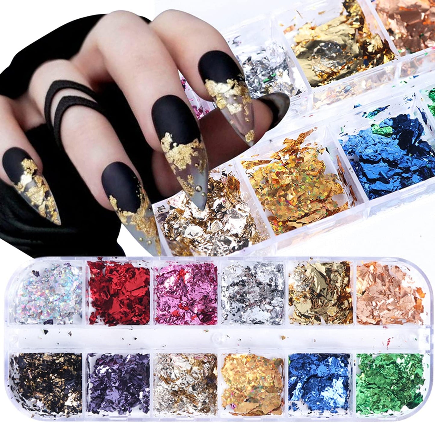 12 Colors Holographic Glitter Foils Laser Sequins Ultra-Thin Film for Nail Designs Acrylic Supplies Manicure Tips Charm Decorations DIY Shiny Art Stickers for Women Girls
