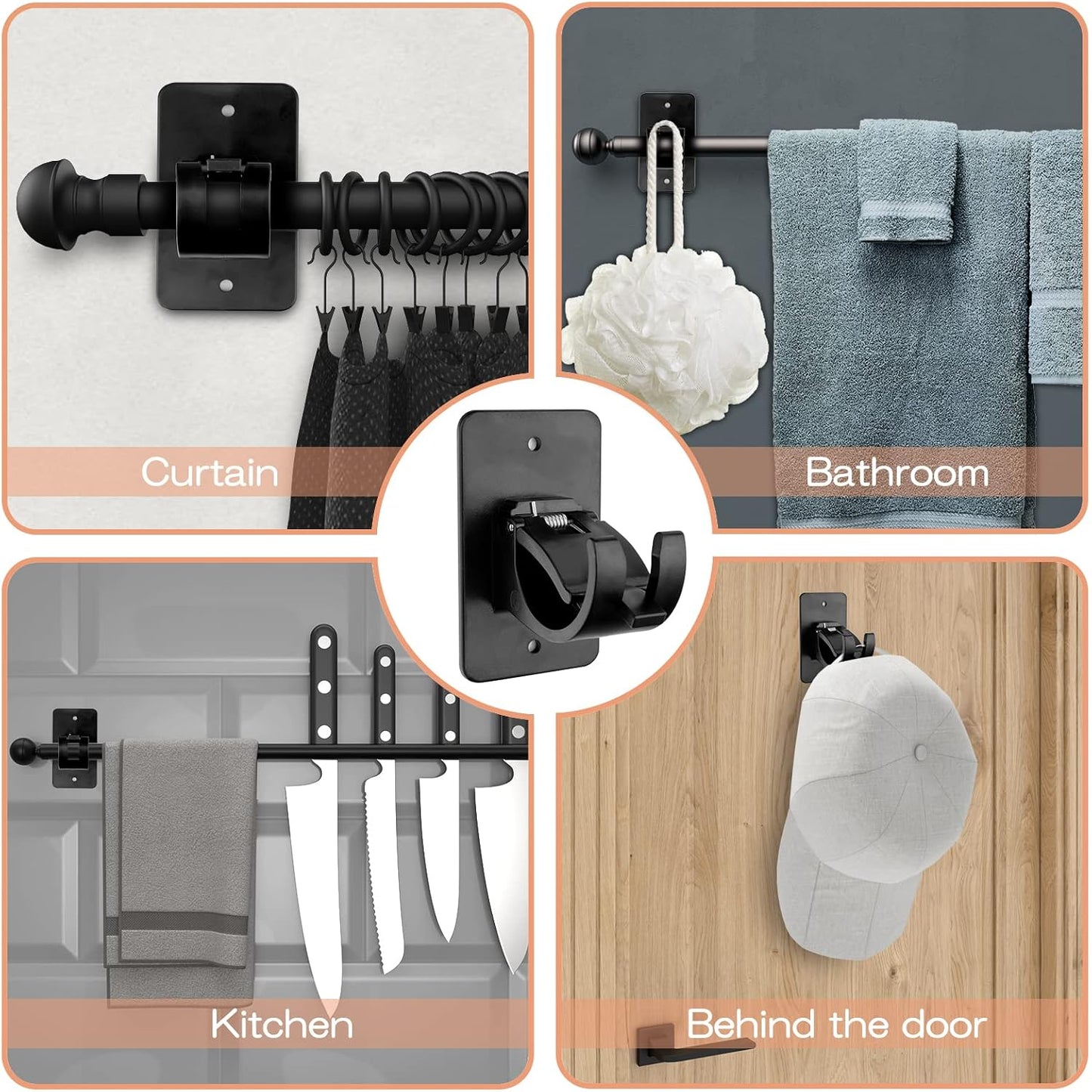 CIEMGNZOC 6-Pack Curtain Bracket Holders, Universal Self-Adhesive Wall Mounts, Fits 0.6'' to 1.5'' Rods, Black