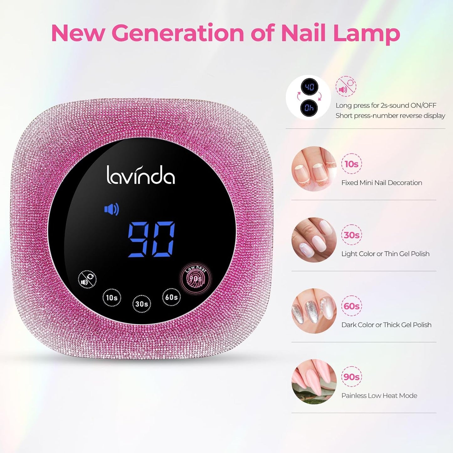 Lavinda UV Nail Lamp, 54W UV Light for Gel with Rhinestones, Plug-in LED Nails Light Dryer for Gel Polish, Fast Curing Lamp for Salon Home Use, Gradient Pink