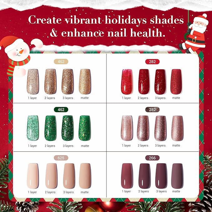 AZUREBEAUTY Christmas Nail Polish Set 6 Colors Glitter Red Green Quick Dry with Top Coat & Nail Polish Remover Long Lasting Sheer