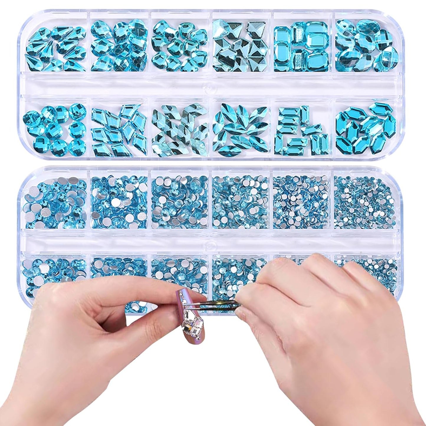 3120 Lake Blue Diamond Nail Rhinestones, HOINCO Crystal Nail Rhinestones, 3D Mixed Size Crystal AB Flat Bottom Gemstone for Nail Art DIY Craft Decoration with Crayon Tweezers