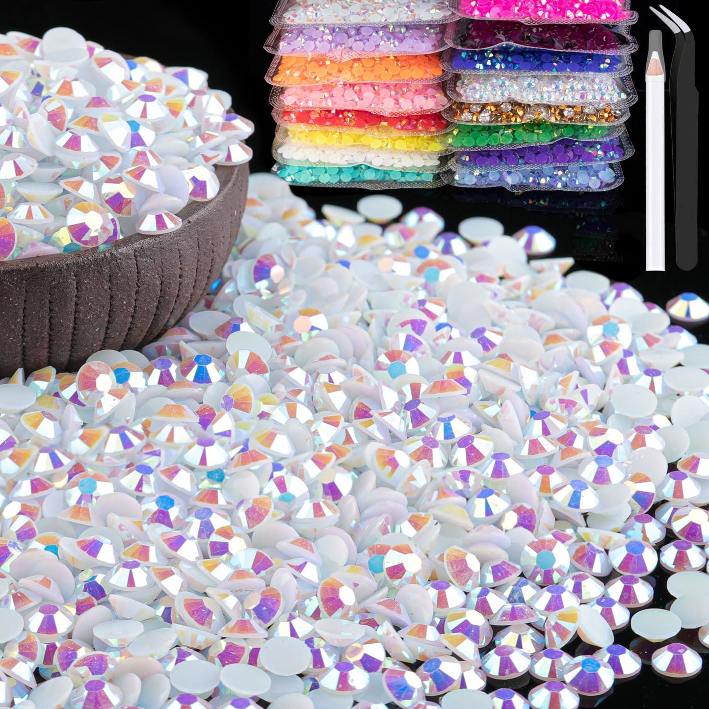 2000pcs 6mm Resin Rhinestones Bulk, White AB Flatback Round Jelly Rhinestones Bedazzling Non Hotfix Crystal Gems Large Quantity Wholesale for DIY Crafts Clothes Bottles Tumblers Face Makeup Manicure
