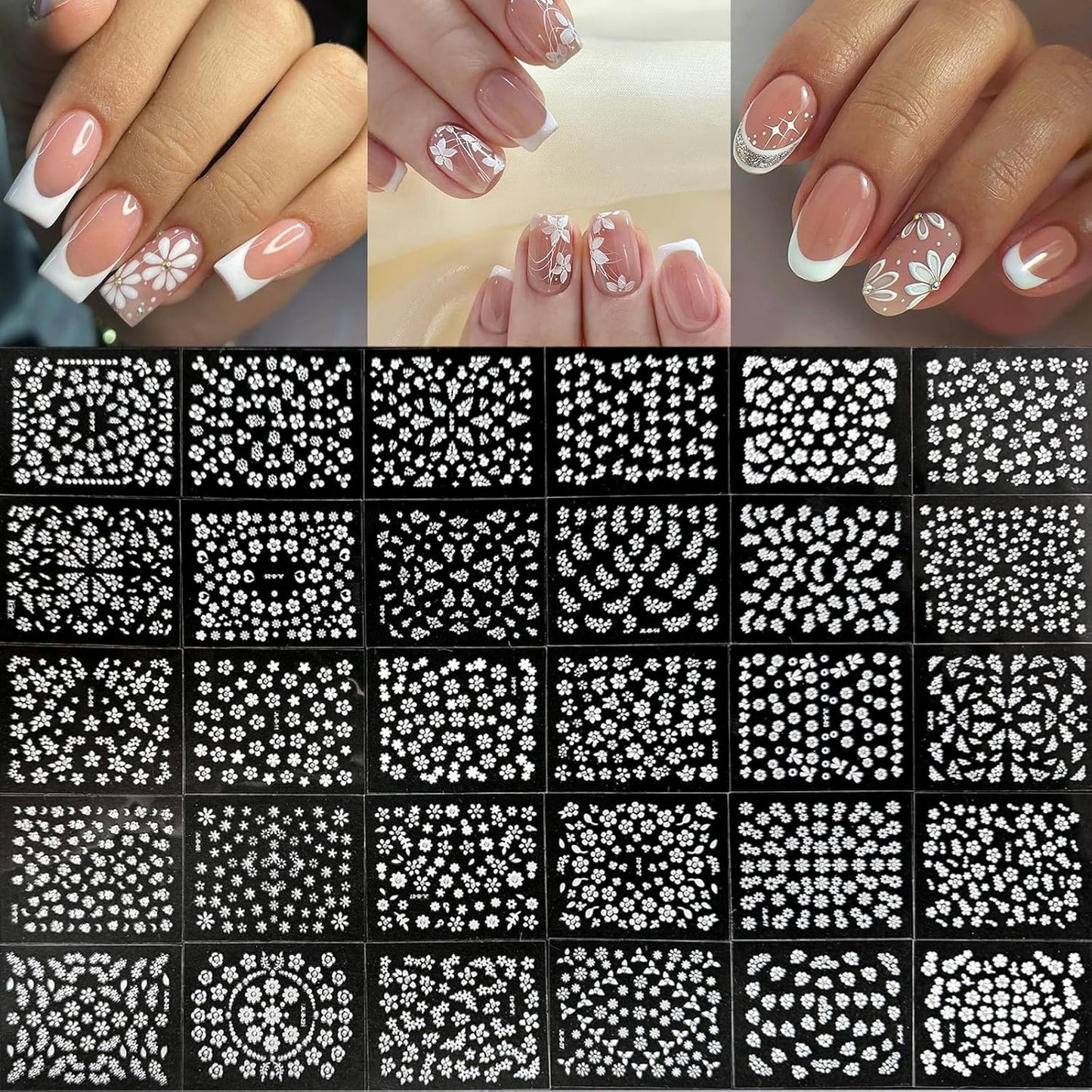 30 Sheets White Flower Nail Art Stickers with Rhinestones Designs - 3D Self Adhesive Nail Decals for Women & Girls