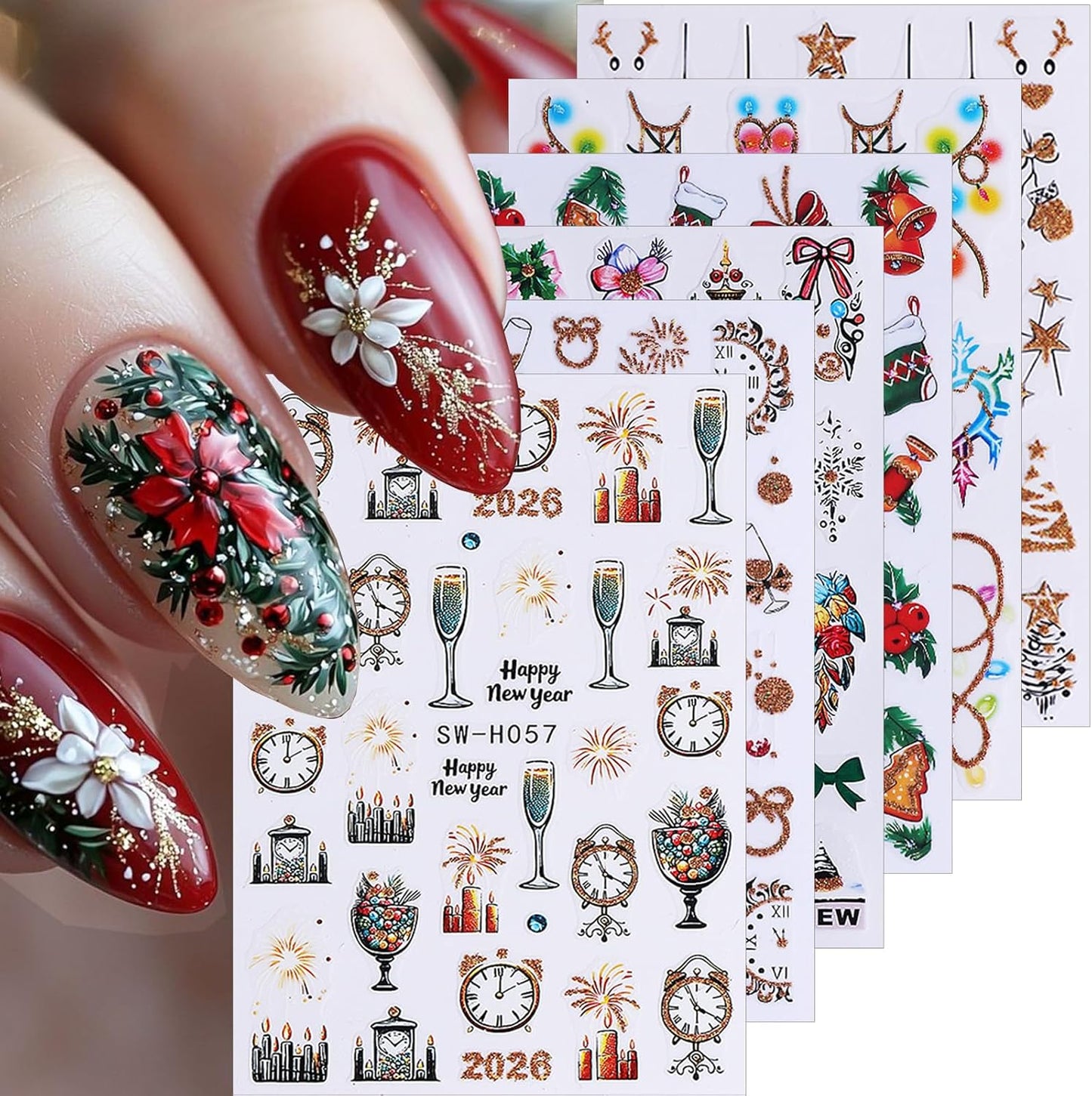 6 Sheets Christmas Nail Art Stickers 2026 New Year Fireworks Clock Xmas Nail Stickers 3D Self-Adhesive Glitter Light Strip Holly Flower Leaf Designs Winter Nail Decals for Women DIY Manicure Supplies