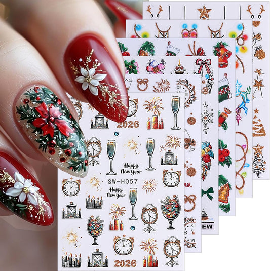 6 Sheets Christmas Nail Art Stickers 2026 New Year Fireworks Clock Xmas Nail Stickers 3D Self-Adhesive Glitter Light Strip Holly Flower Leaf Designs Winter Nail Decals for Women DIY Manicure Supplies