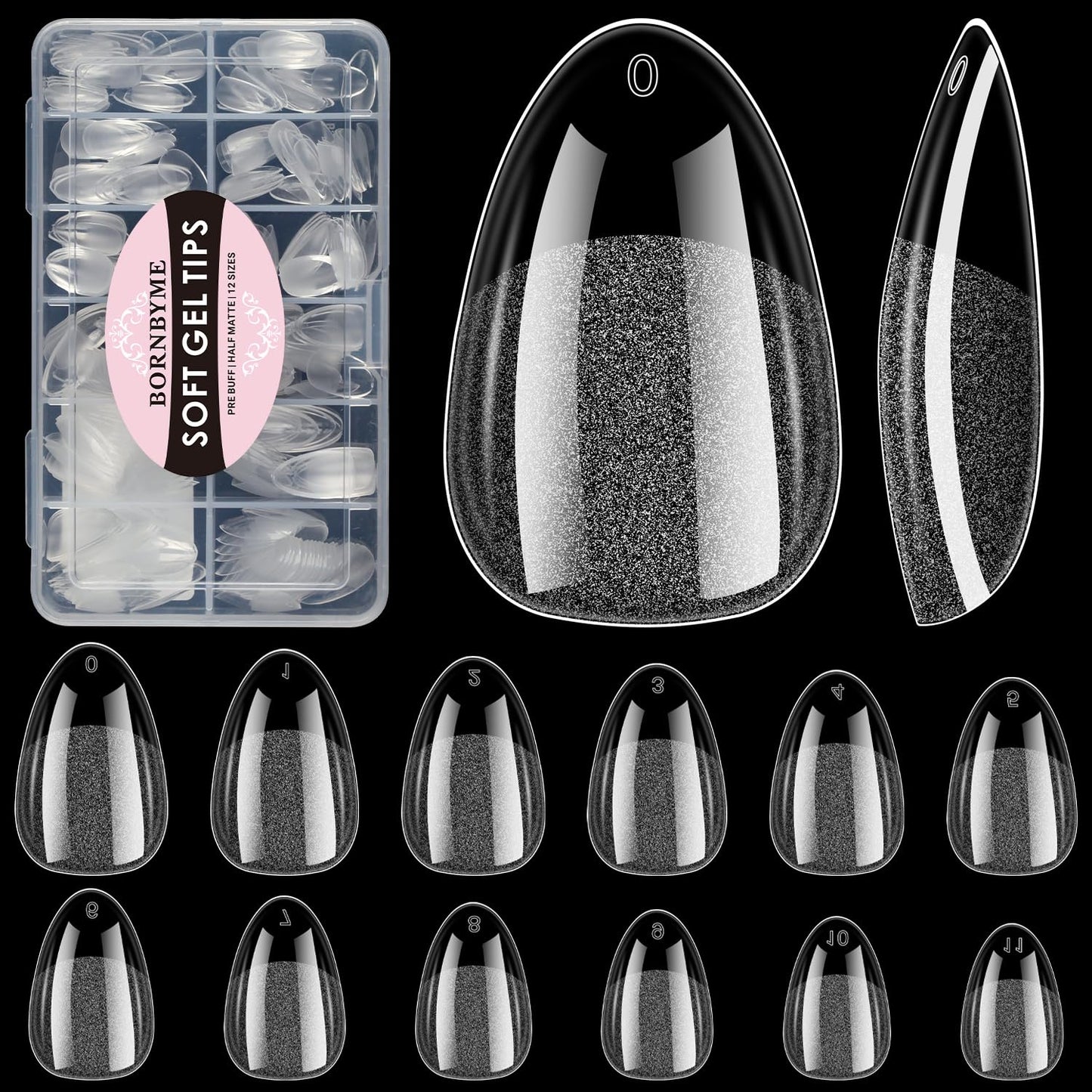Extra Short Almond Soft Gel Nail Tips, BORNBYME 216 PCS Pre Buff Full Cover Shaped Nail Extenison Tips Half Matte Gel Nail Tips