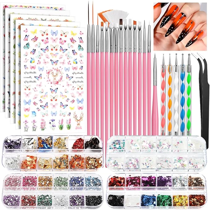 FANDAMEI Nail Art Brushes Set, Nail Art Kit, Nail Design Kit, Nail Art Dotting Pens, Nail Stickers, Butterfly Nail Art Sequins, Nail Foils, Nail Art Flakes Iridescent, Rhinestones For Nails