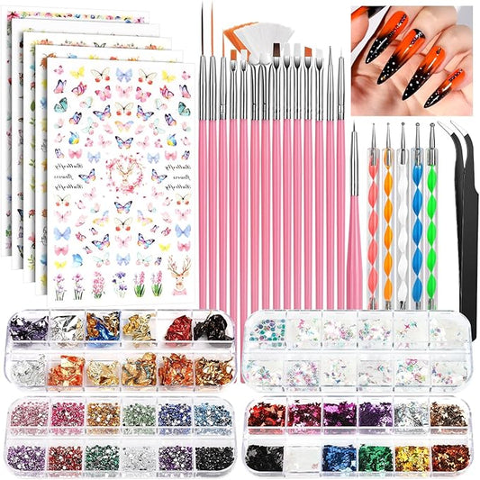 FANDAMEI Nail Art Brushes Set, Nail Art Kit, Nail Design Kit, Nail Art Dotting Pens, Nail Stickers, Butterfly Nail Art Sequins, Nail Foils, Nail Art Flakes Iridescent, Rhinestones For Nails