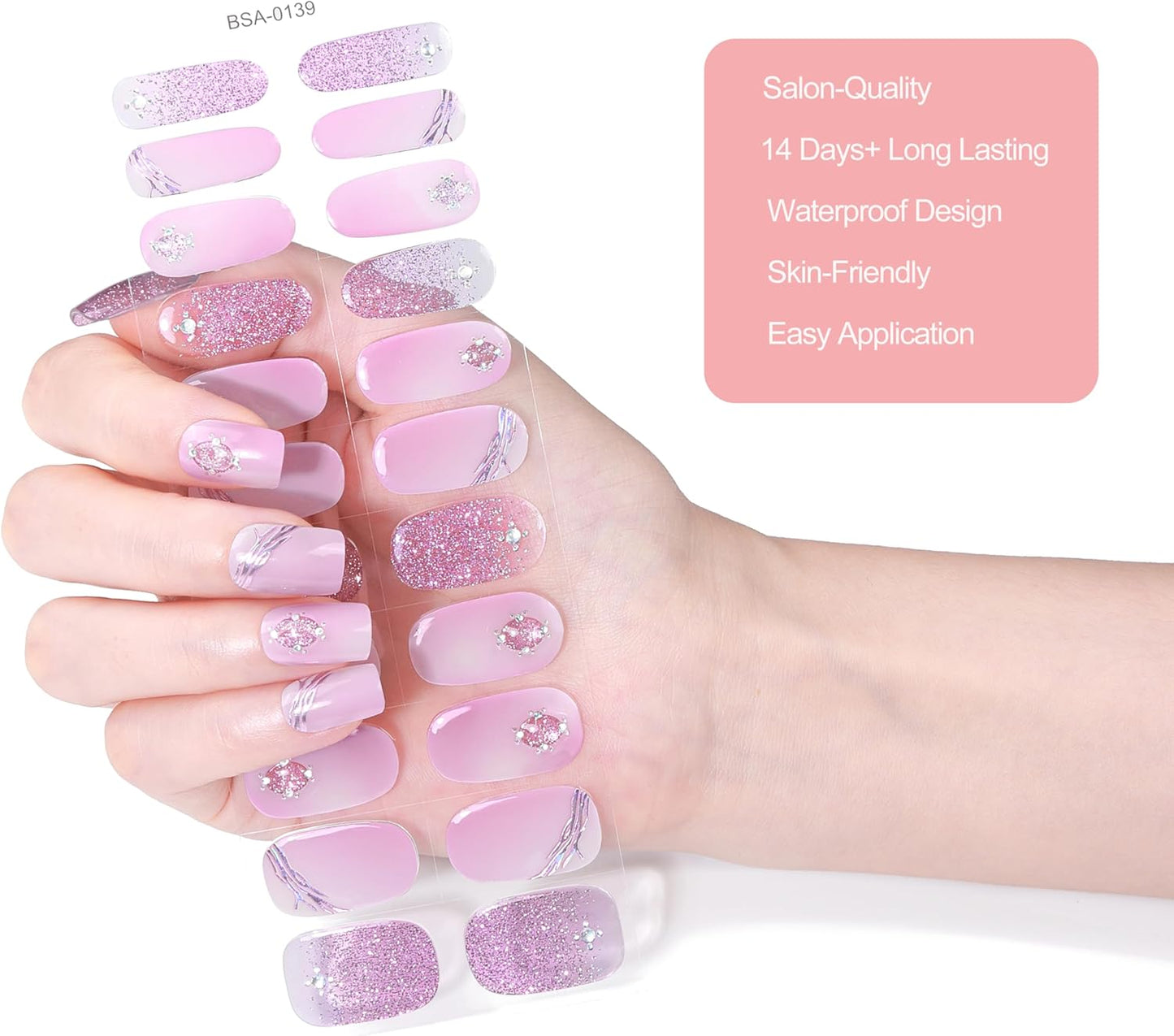No Lamp Gel Nail Strips 22 Pcs Wraps - Silver Plum Glitter, Easy Apply Gel Nail Stickers Long Lasting, Salon-Quality, 2 Prep Pads, 1 File, 1 Wooden Stick
