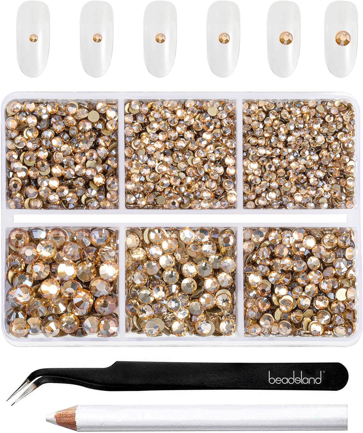 Beadsland 4300pcs Flatback Rhinestones,Gold Rhinestone Nail Gems Round Crystal Rhinestones for Crafts,Mixed 6 Sizes with Picking Tweezers and Wax Pencil Kit, SS6-SS20,Golden Shadow