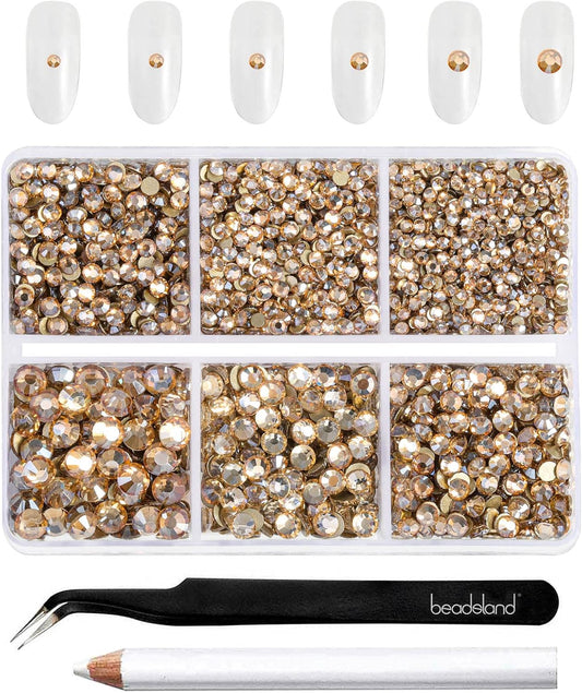 Beadsland 4300pcs Flatback Rhinestones,Gold Rhinestone Nail Gems Round Crystal Rhinestones for Crafts,Mixed 6 Sizes with Picking Tweezers and Wax Pencil Kit, SS6-SS20,Golden Shadow
