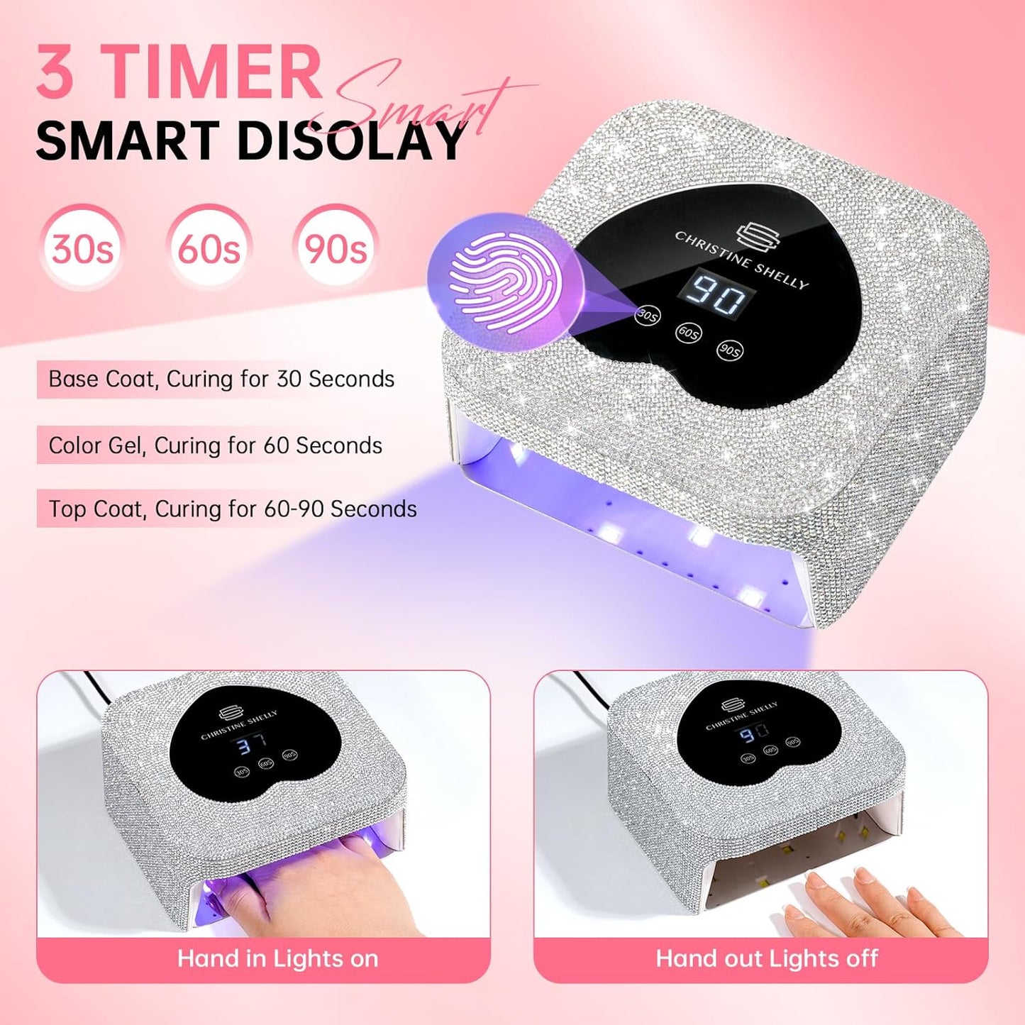 UV Nail Lamp, CHRISTINE SHELLY UV Light for Gel Nails, 48W Plug-in Mini Diamond Nail Lamp Nail Dryer with Touch Control Auto Sensor and 3 Timer Settings Nail Light Curing Lamp, Home, White Diamond