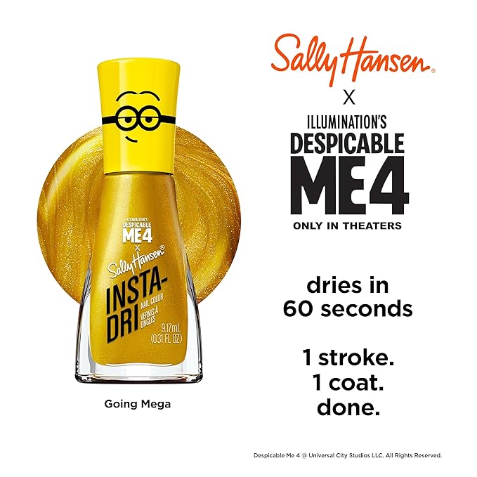 Sally Hansen Insta-Dri Despicable Me Nail Polish | Quick Dry, Long Lasting, Streak-Free Shine | Opaque, Shimmery | 775 Going Mega | Metallic Gold Yellow Nail Color