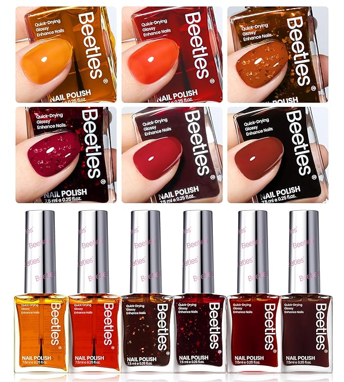Beetles Fall Nail Polish Set - Golden Harvest 6 Colors Quick Drying Long-Lasting Burgundy Red Orange Jelly Glitter Nail Polish for DIY At-Home Manicure Christmas Gift for Women