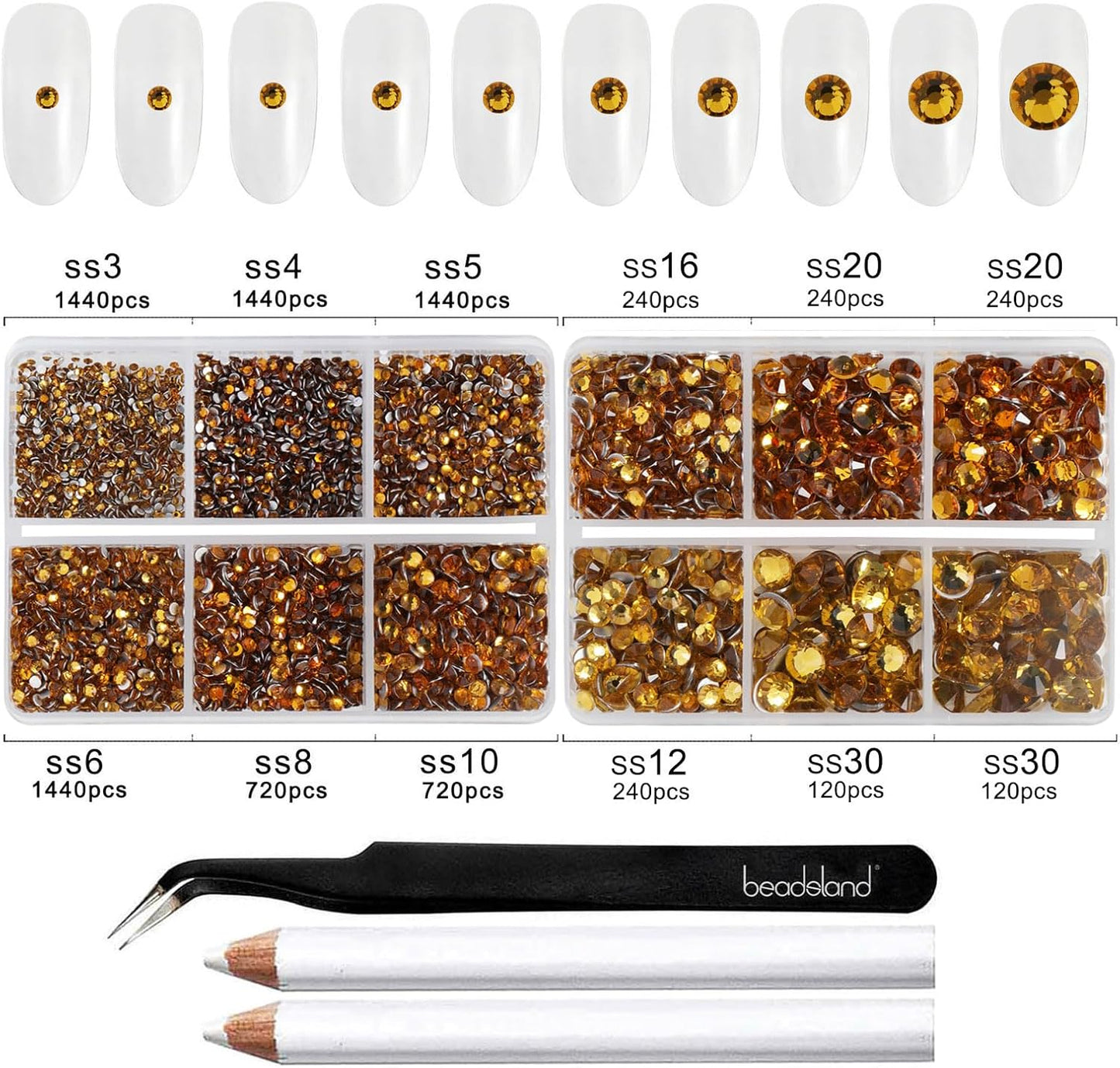 Beadsland 8300PCS Flatback Rhinestones, Topaz Rhinestone Nail Gems Round Crystal Rhinestones for Crafts, Mixed 10 Sizes with Wax Pencil and Tweezer Kit, SS3-SS30, Topaz