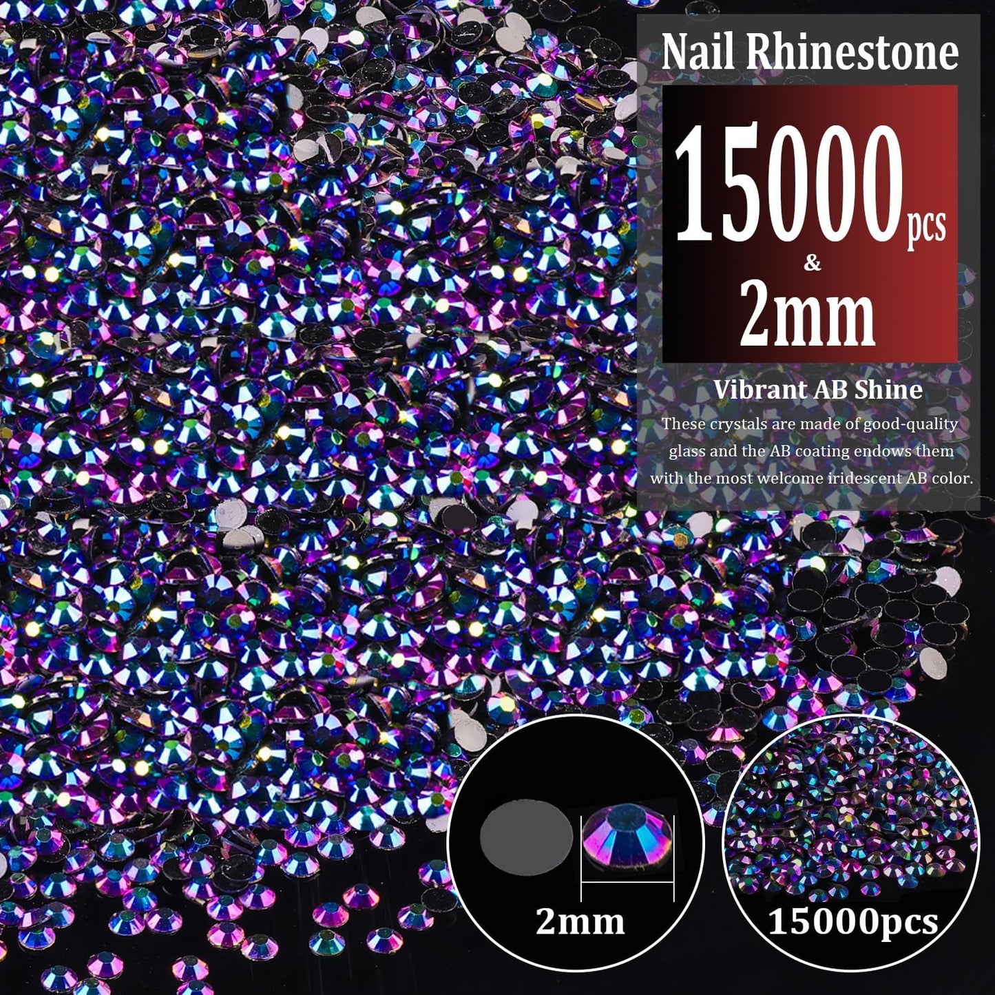 15000pcs 2mm Resin Rhinestones Bulk, Purplish Black AB Flatback Round Jelly Rhinestones Non Hotfix Crystal Gems Large Quantity Wholesale for DIY Crafts Clothes Bottles Face Makeup Manicure