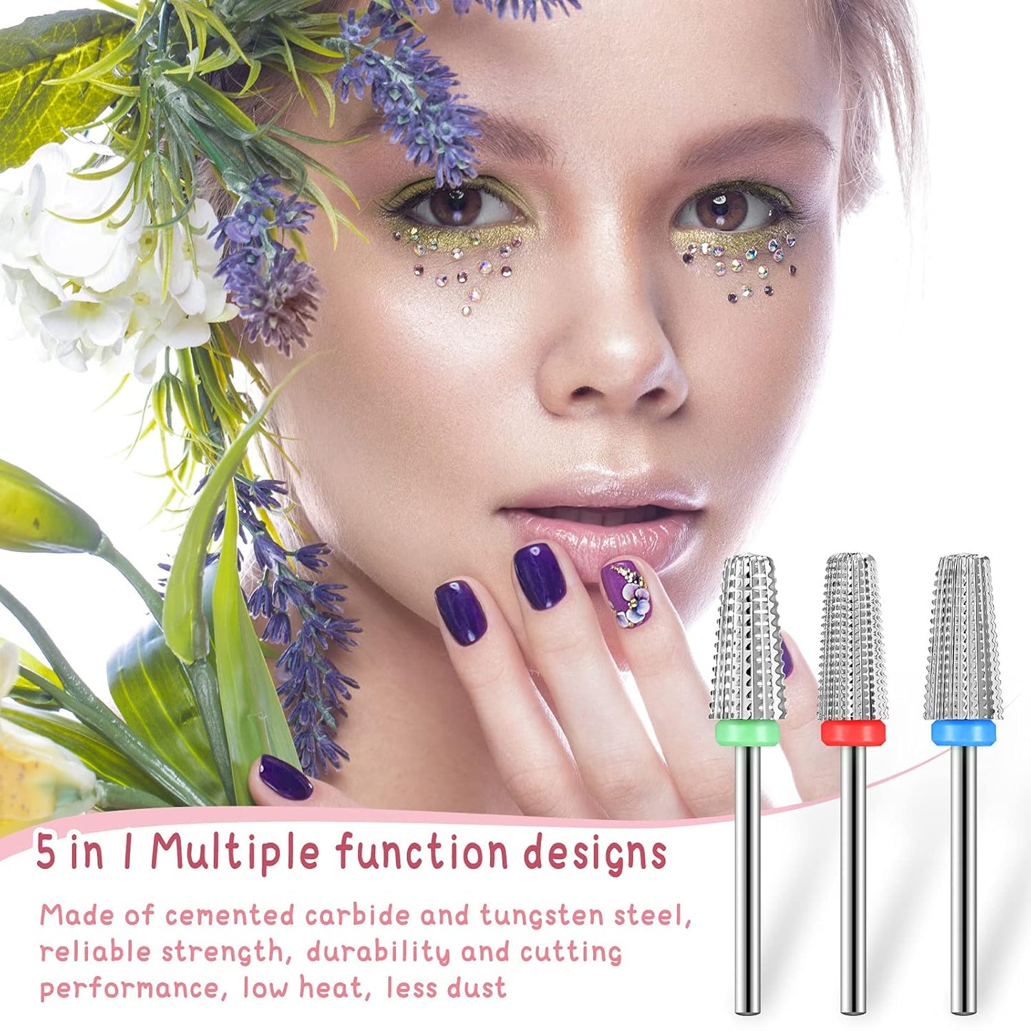3 Pieces Nail Carbide 5 in 1 Bit, Nail Drill Bits Set-2 Way Rotate Use for both Left to Right Handed, 3/32 Inch Shank Size Drill Machine for Fast Remove Acrylic or Hard Gel (Silver)