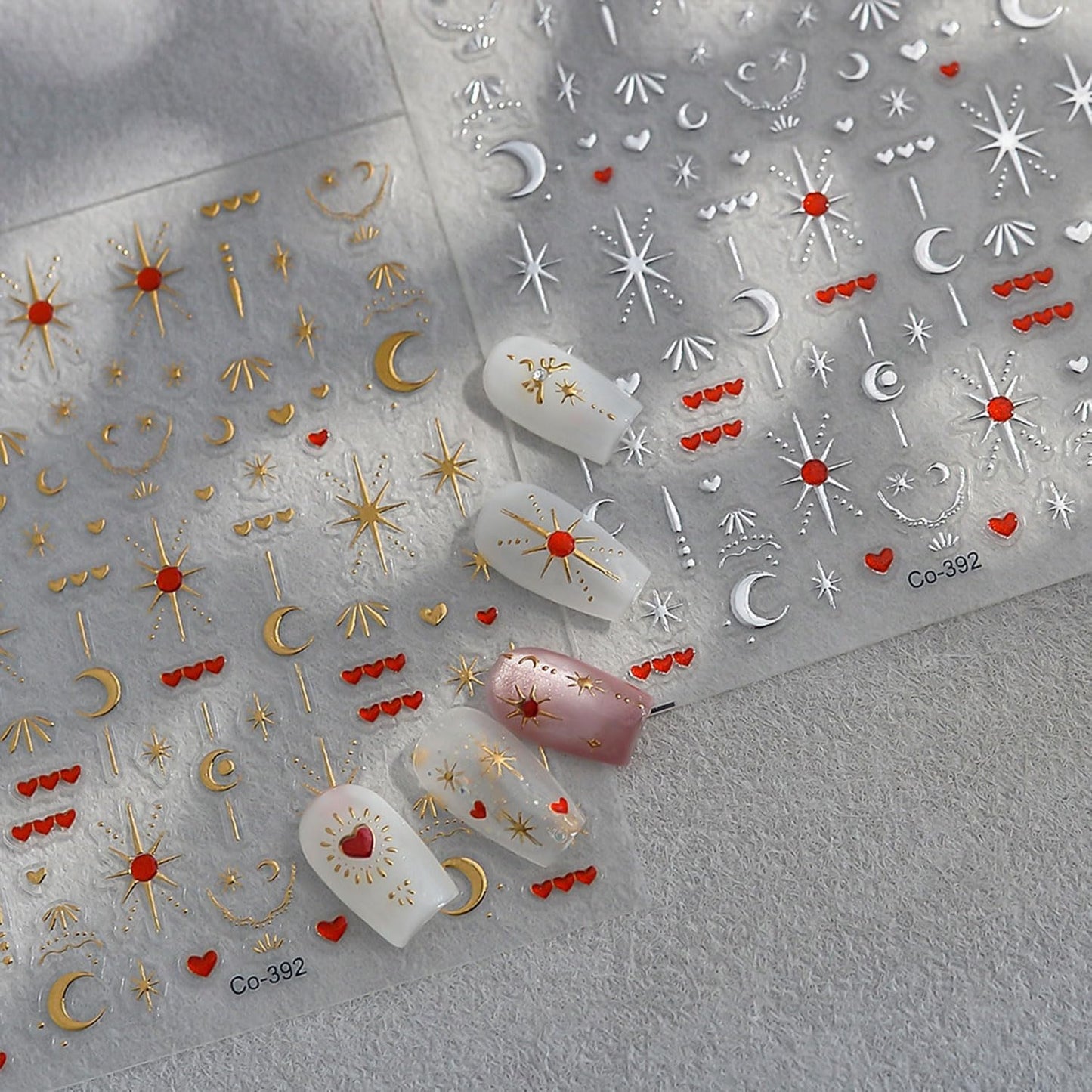 2 Sheets Star Nail Stickers Gold Silver Nail Stickers for Nail Art 5D Self-Adhesive Nail Decals Heart Moon Nails Supplies Decoration Accessories for Women and Girls