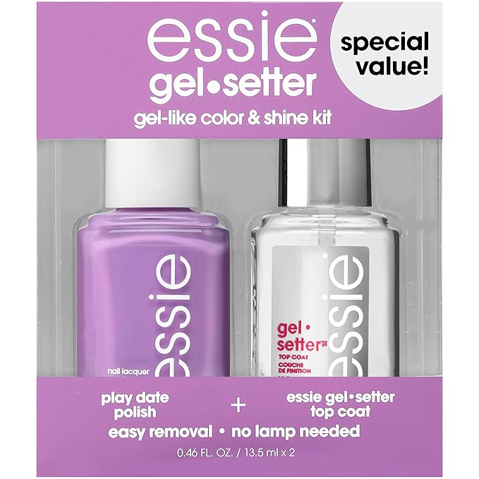 essie Gel Setter Nail Polish Kit, Bright Purple Nail Polish + Top Coat, Play Date, 0.46 oz each