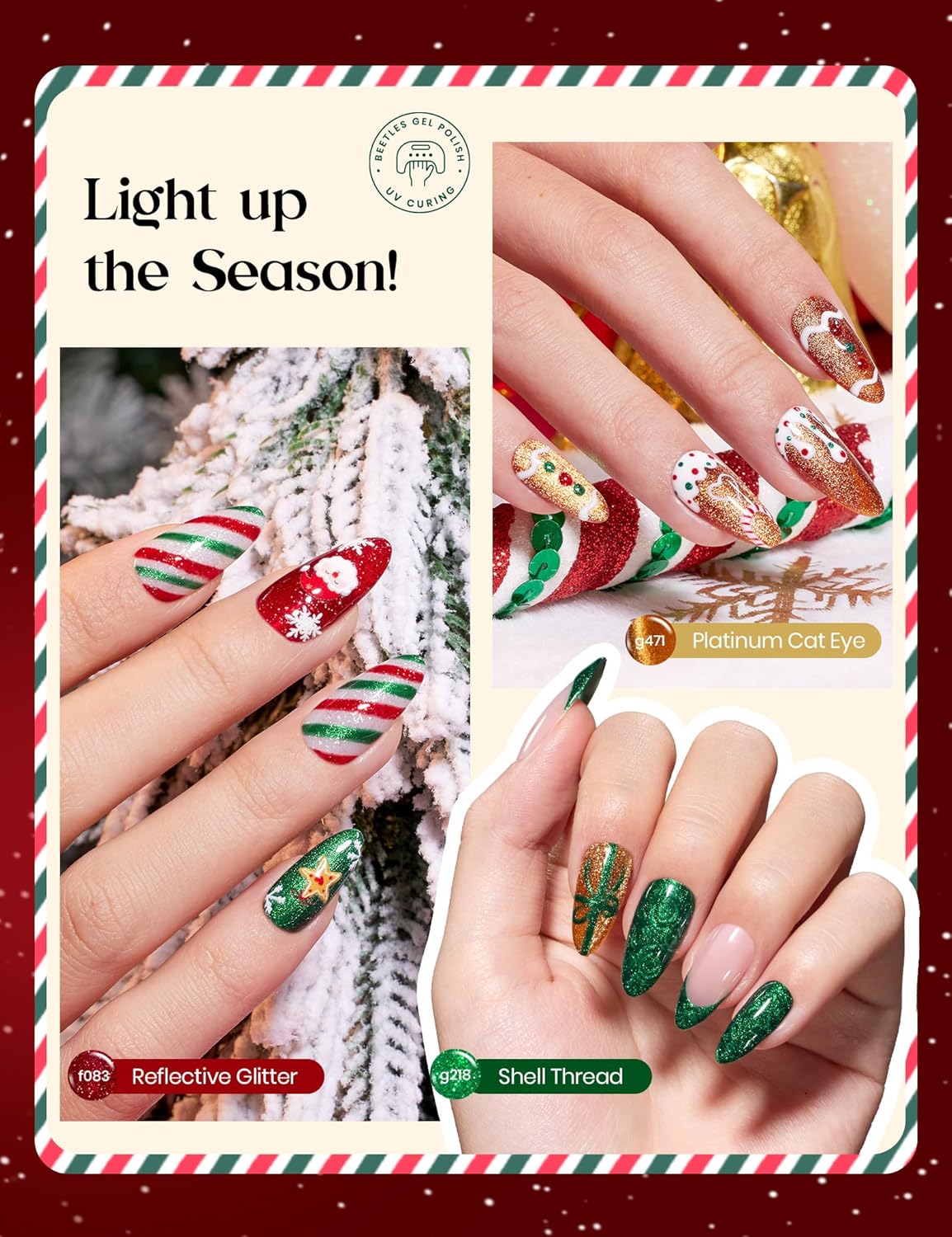 Beetles Gel Polish Merry Glitzmas 2025 Christmas Advent Calendar – 24 Days Christmas Countdown Nail Art Set with Mini LED Nail Lamp Base Top Coat and Festive Holiday Surprises Gifts for Women Girls