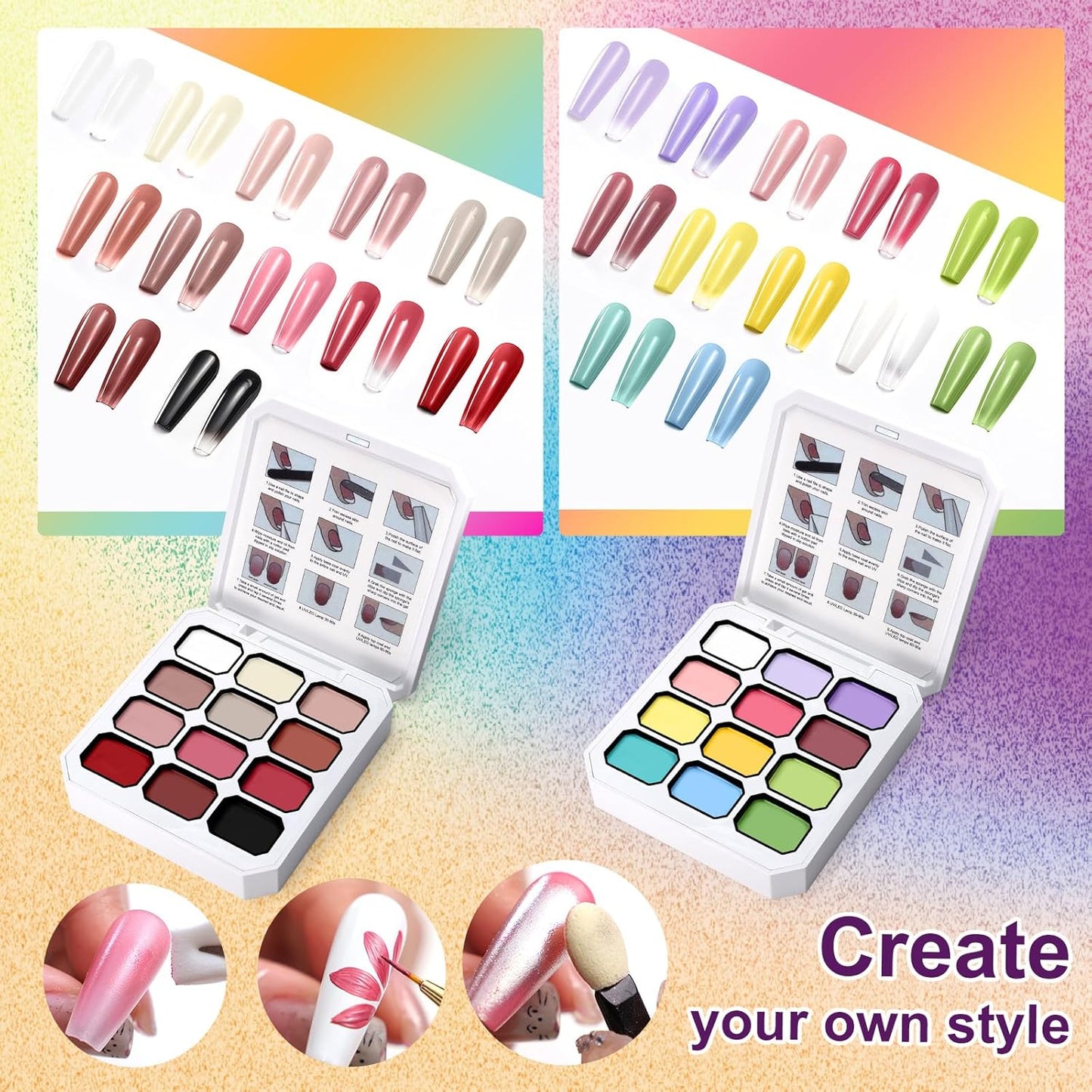 Gradient Painting Gel Set, 24 Nude Almond Black White Bright Colors Ombre Gel Nail Polish for Pigment Pat Nail Gel Kit, Silky Texture, French Manicure DIY Nail Art, No-wipe Soak of UV