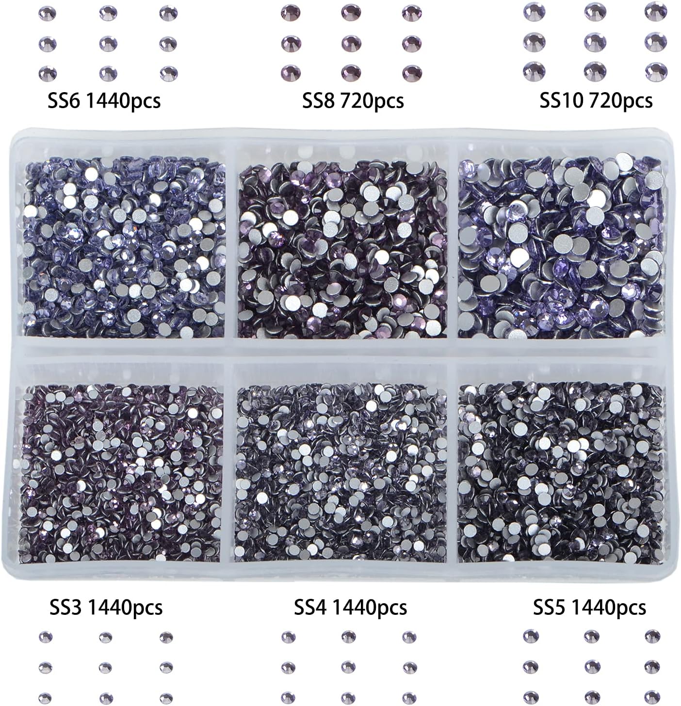 Bymitel 7200 Pieces 6 Mixed Sizes Glue Fix on Glass Rhinestones Round Crystal Gems Flatback for DIY Jewelry Making with one Picking Pen(6-Sizes 7200PCS, Tazanite)