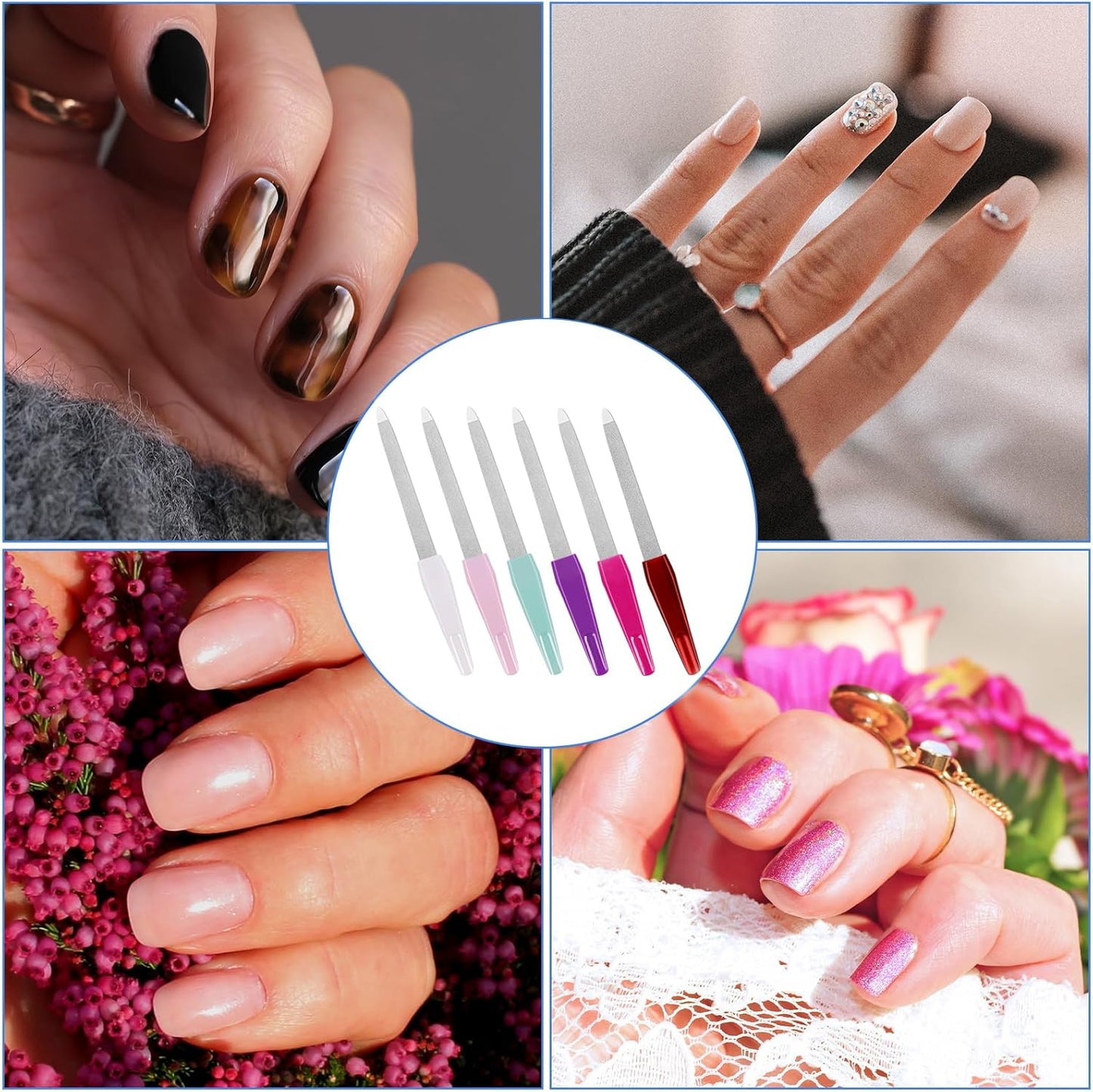 Nail Files for Natural Nails (6 PCs), Sword Metal Nail Files Made of Stainless Steel with Non Slip Handle, Double Sided Fingernail Files Sapphire Grit for Natural Nails Toenail Color Mix