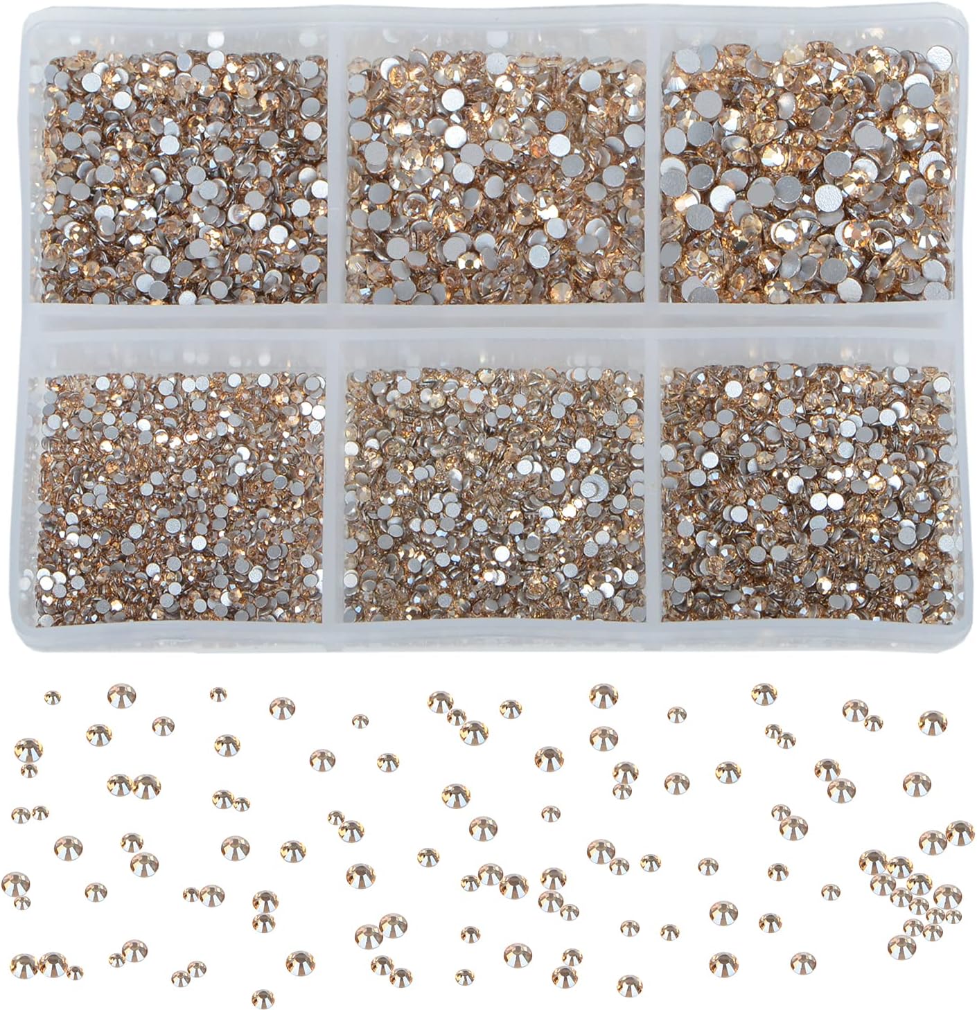Bymitel 7200 Pieces 6 Mixed Sizes Glue Fix on Glass Rhinestones Round Crystal Gems Flatback for DIY Jewelry Making with one Picking Pen(6-Sizes 7200PCS, Lt. Peach)