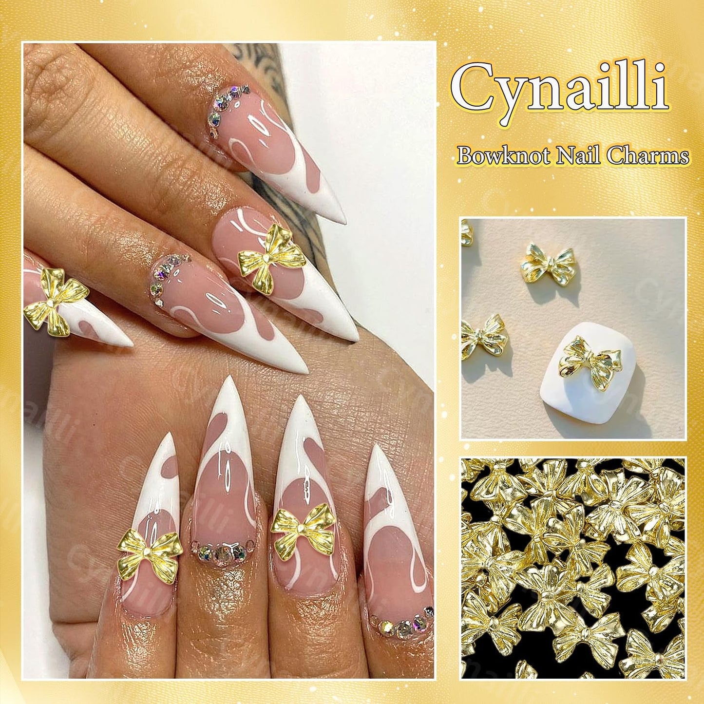80 Pcs Metal Gold Nail Charm Bows, 3D Shiny Bow Nail Gems Charms, Cute Alloy Bowknot Y2K Nail Jewelry Charms for Nail Art Decor DIY Accessories Crafts