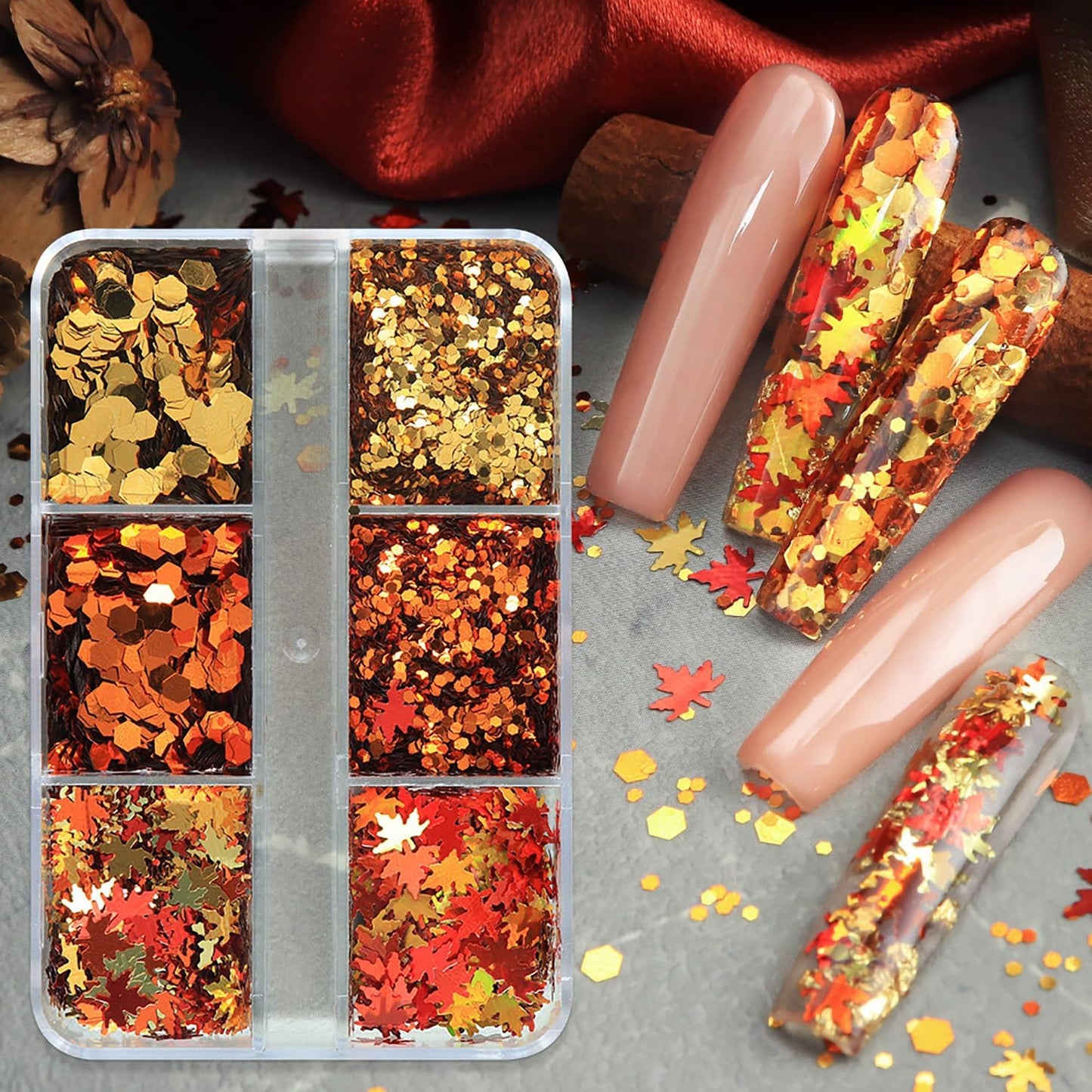 Fall Maple Leaf Nail Sequins Maple Leaves Glitter for Nails Holographic Fall Nail Art Design Supplies 3D Autumn Nail Glitters Flakes Decor