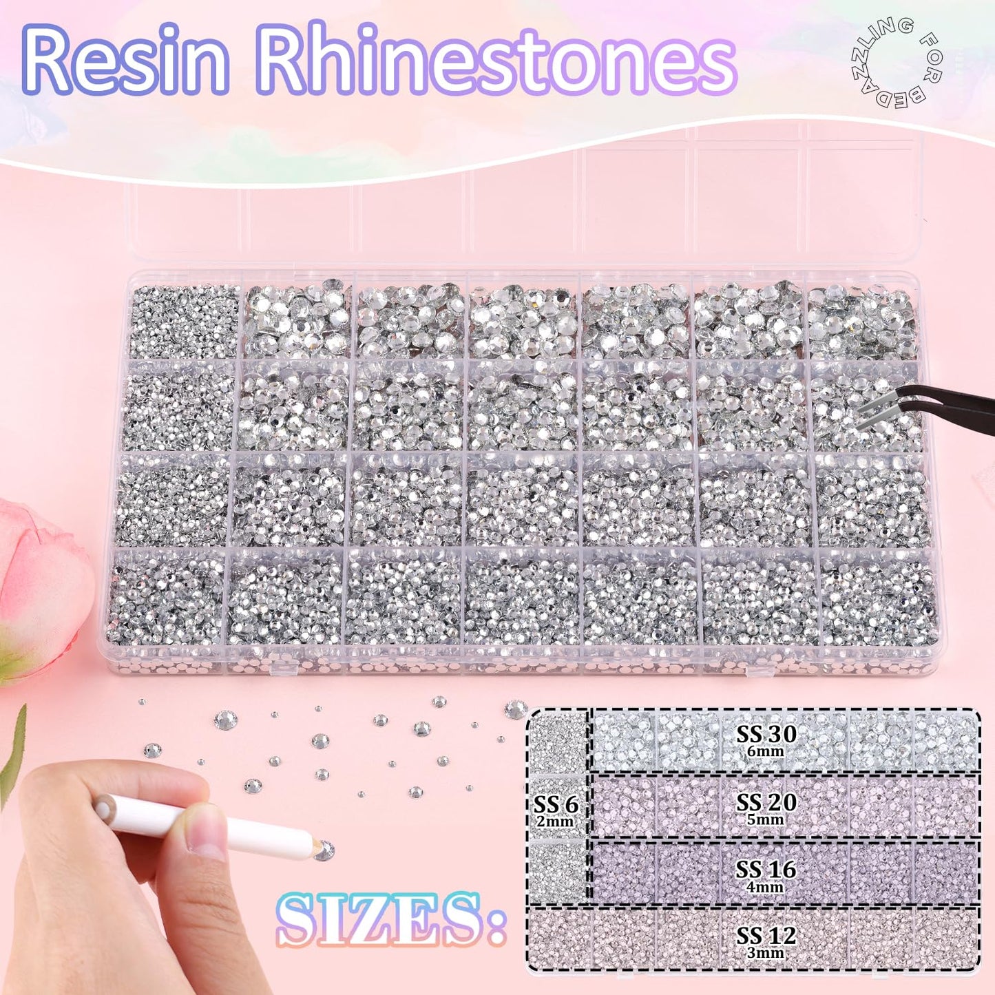 30000Pcs Resin Rhinestones for Bedazzling with B7000 Jewelry Glue, Clear Flatback Gems Rhinestones for Crafting, Clothing Tumblers Mugs Shoes Fabric Decor Nail Art