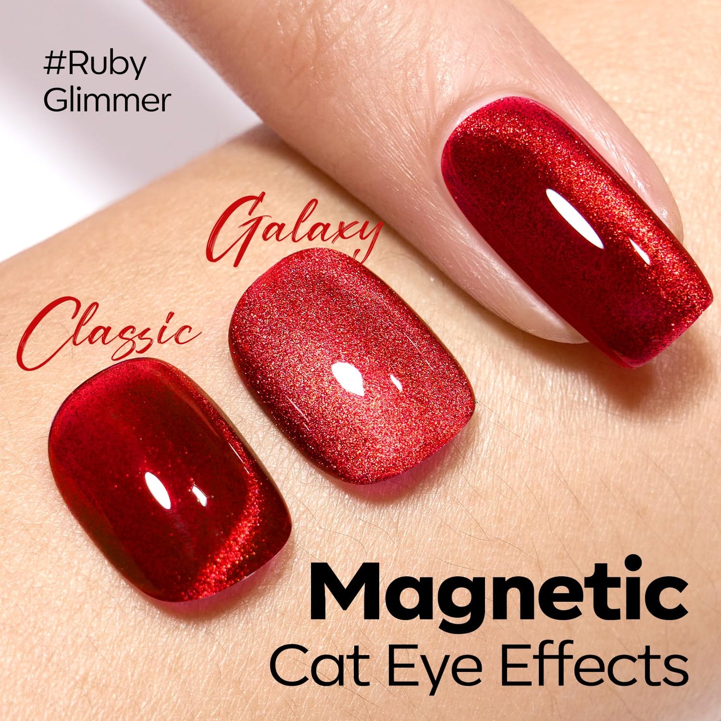 modelones Red Cat Eye Gel Nail Polish,15 ML Magnetic Glitter Holographic Red Ruby Glass Polish Reflective Jelly Translucent UV Gel Top Coat Manicure Art DIY Salon Gift for Girl Women