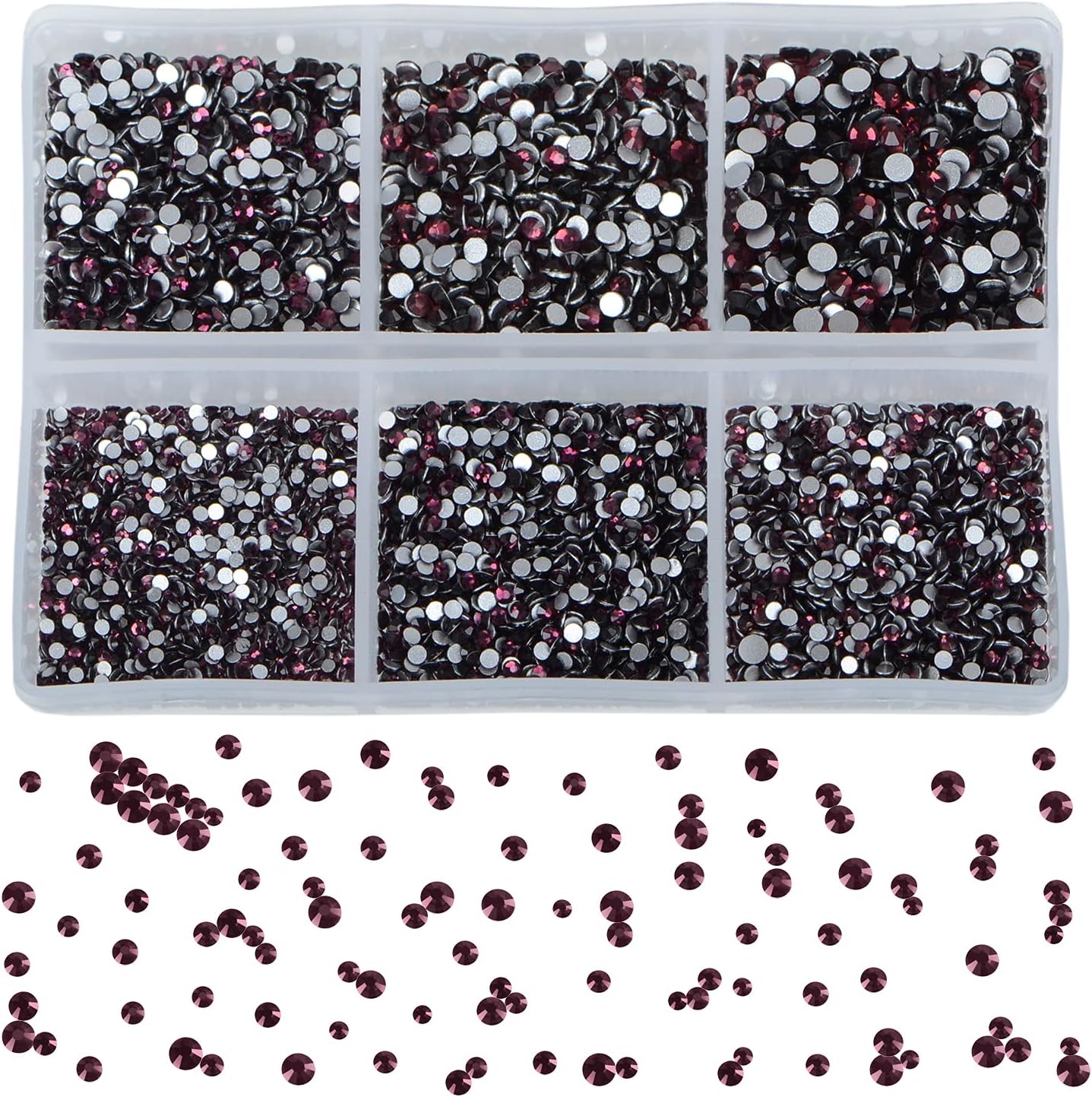 Bymitel 7200 Pieces 6 Mixed Sizes Glue Fix on Glass Rhinestones Round Crystal Gems Flatback for DIY Jewelry Making with one Picking Pen(6-Sizes 7200PCS, Amethyst)