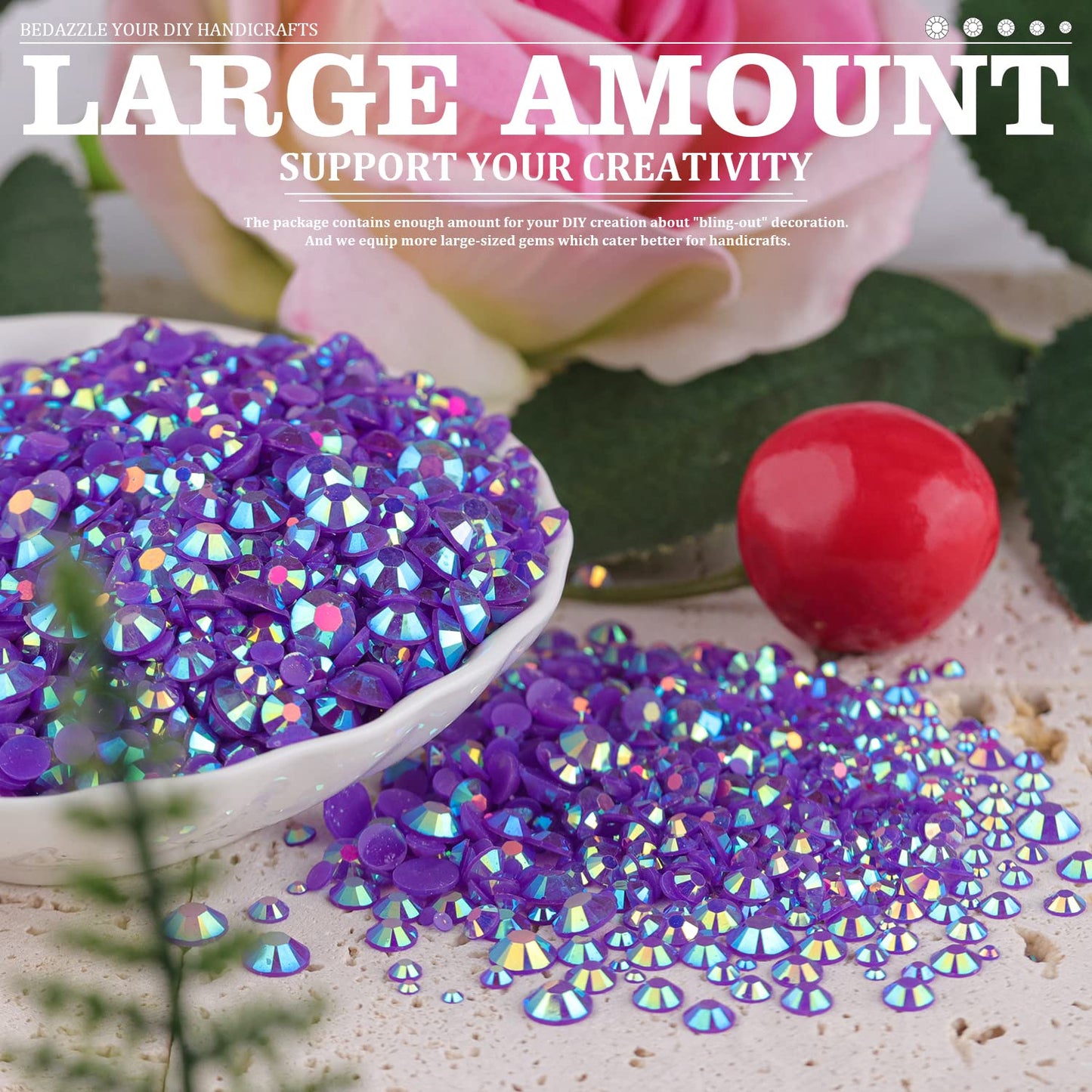 5000PCS Resin Rhinestones with Tweezers for Crafting, 2/3/4/5/6mm Flatback Jelly Rhinestones, 3 Box Dark Purple AB Non Hotfix Crystal Gems for DIY Crafts Mugs Tumblers Clothes Makeup Nail
