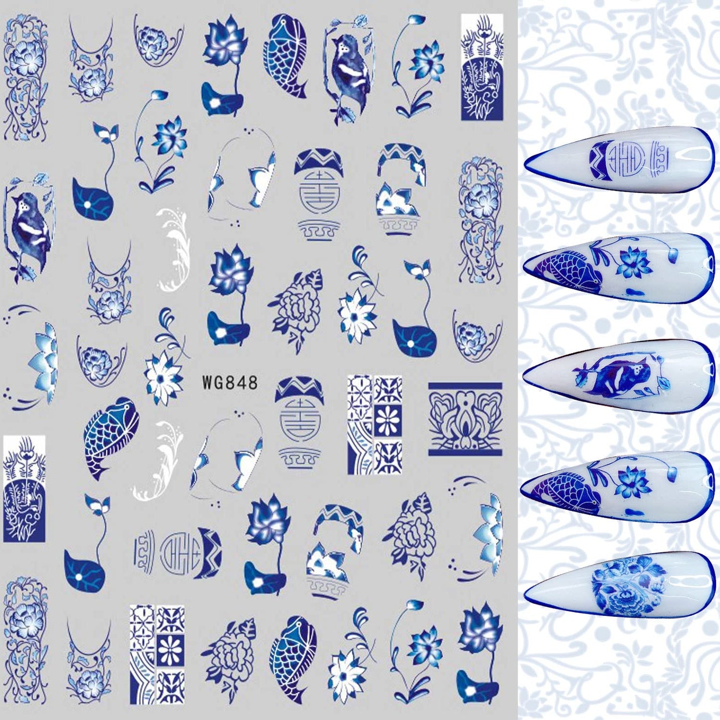 8 Sheets Blue and White Porcelain Nail Art Stickers Decals Self-Adhesive Pegatinas para Uñas Retro Elements Tiger Lion Dragon Flowers Design Manicure Tips Nail Decoration for Women Girls